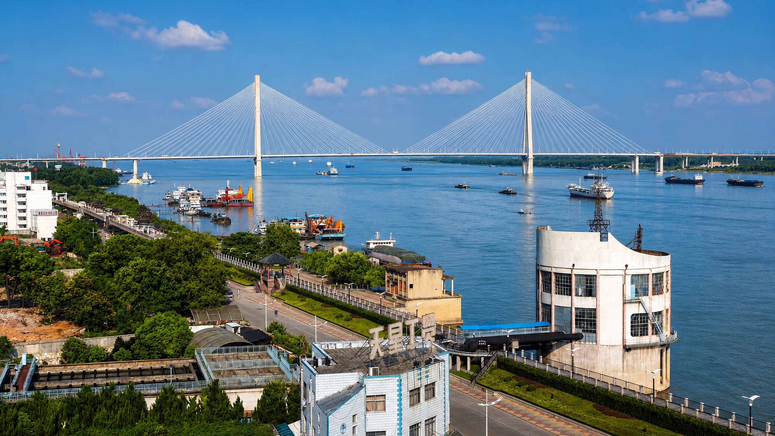 Cable-stayed bridge over the Yangtze River with cargo boats and riverside buildings at Anqing, China.