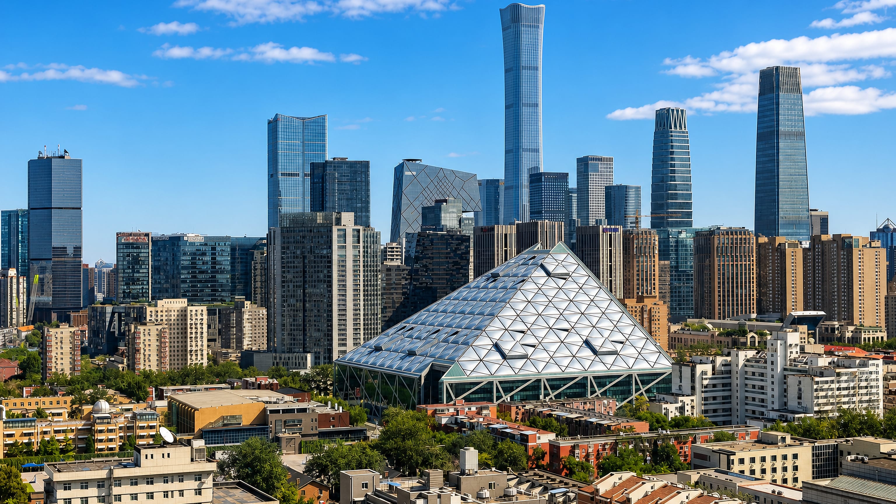 Beijing's Chaoyang CBD skyline, with CITIC Tower, the CCTV headquarters and China World Trade Center.
