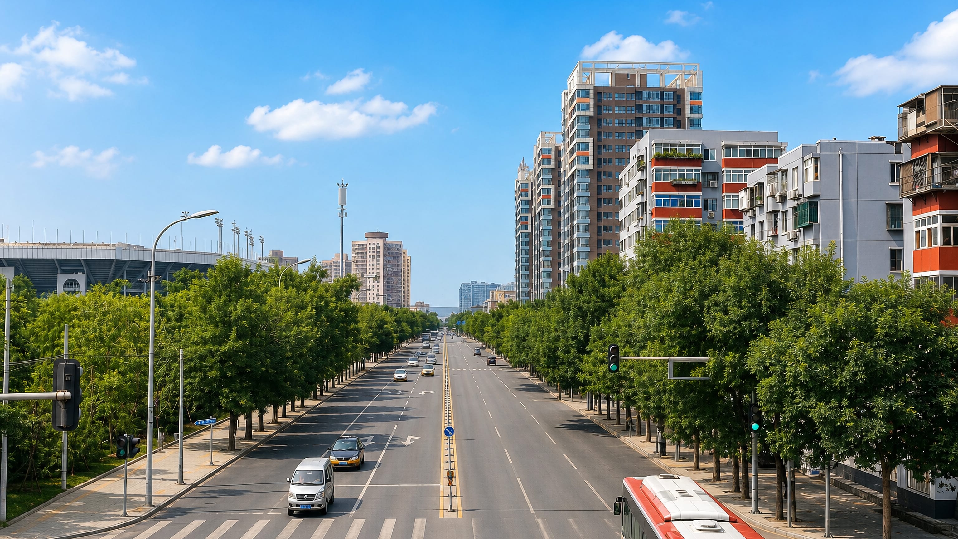 Tree-lined boulevard through Fengtai District, Beijing, with apartment blocks and a stadium alongside.