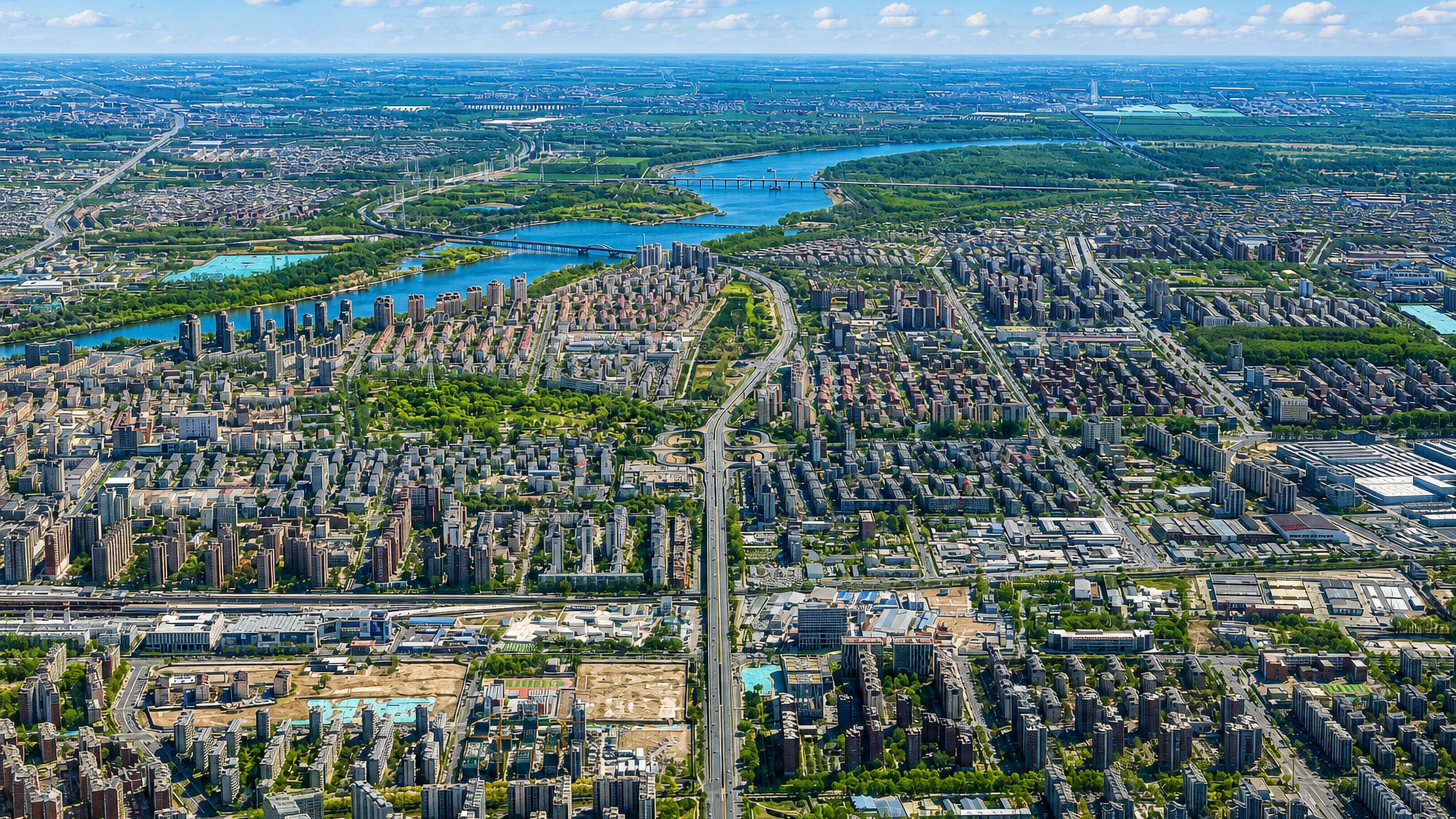 Aerial view over Shunyi District, Beijing, with high-rise estates, wide avenues and the Chaobai River.
