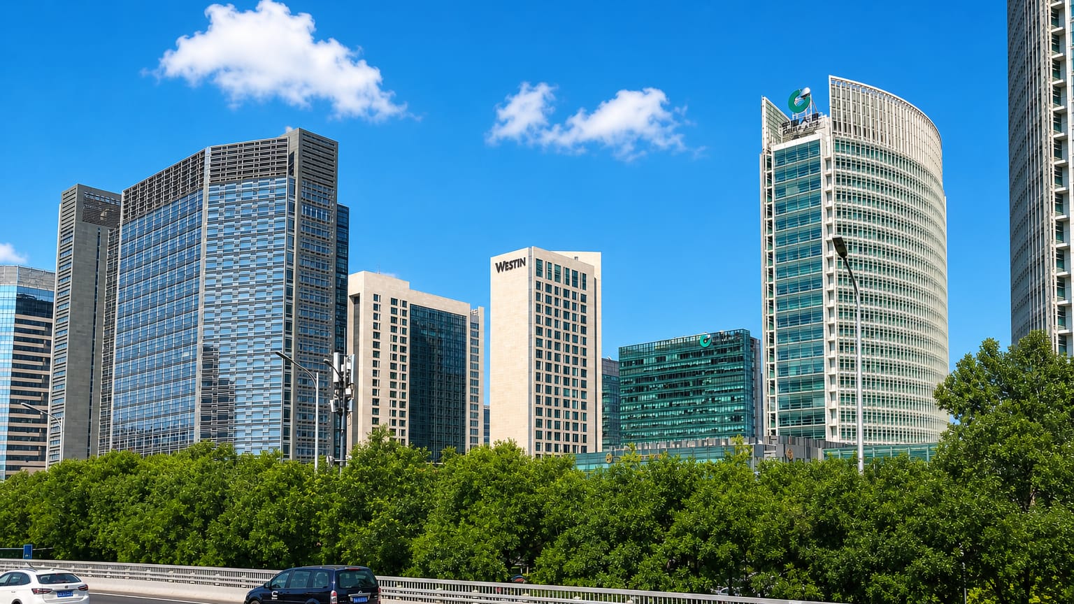 Modern office and hotel towers of the Financial Street business area in Xicheng District, Beijing.