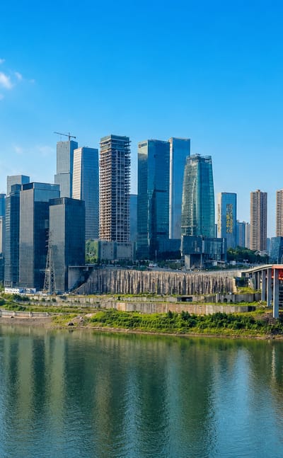 Chongqing riverside skyline of modern skyscrapers beside a white cable-stayed bridge pylon over the water