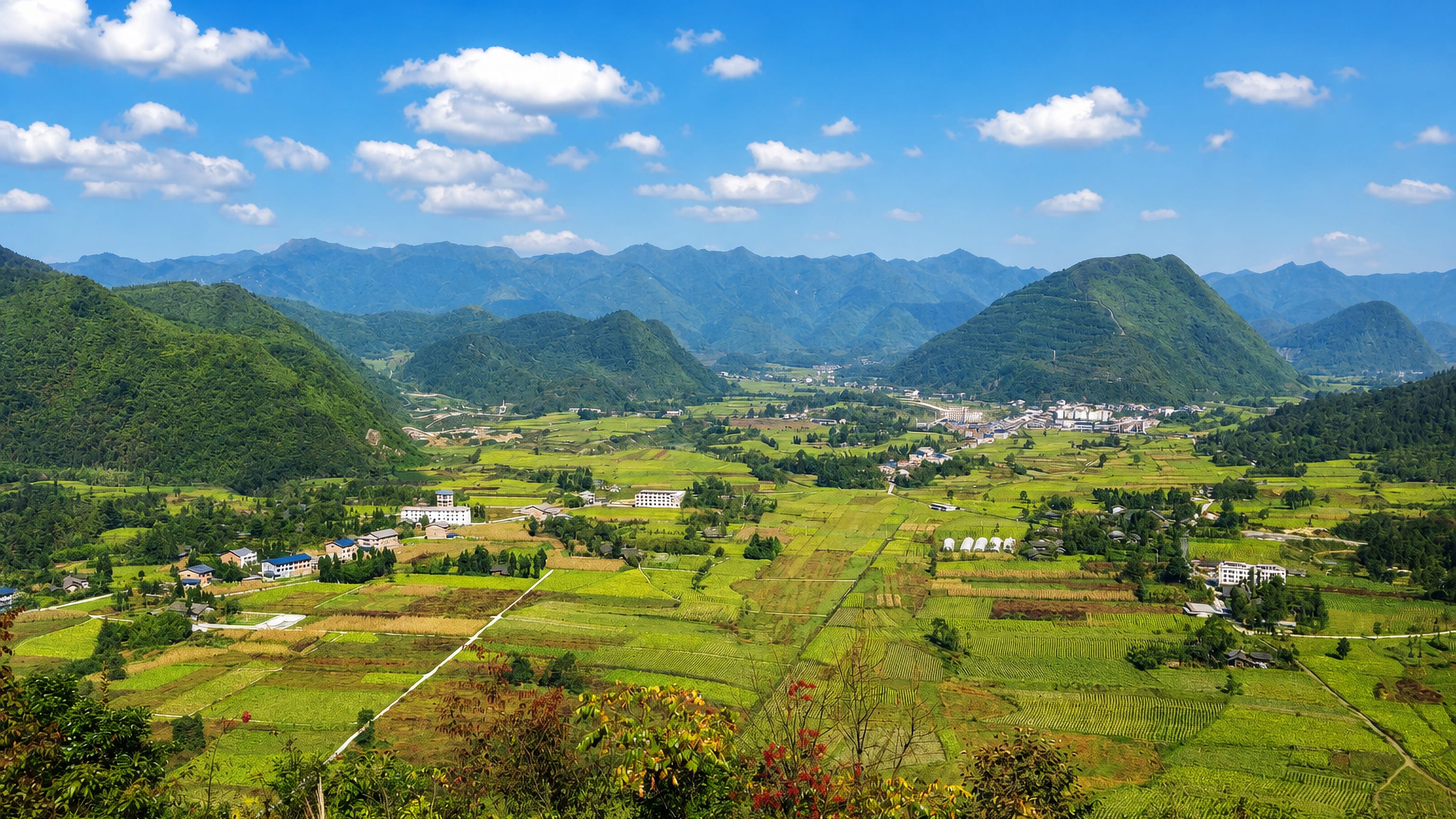Terraced farmland and small settlements in the karst mountain valleys of Fengdu County, Chongqing