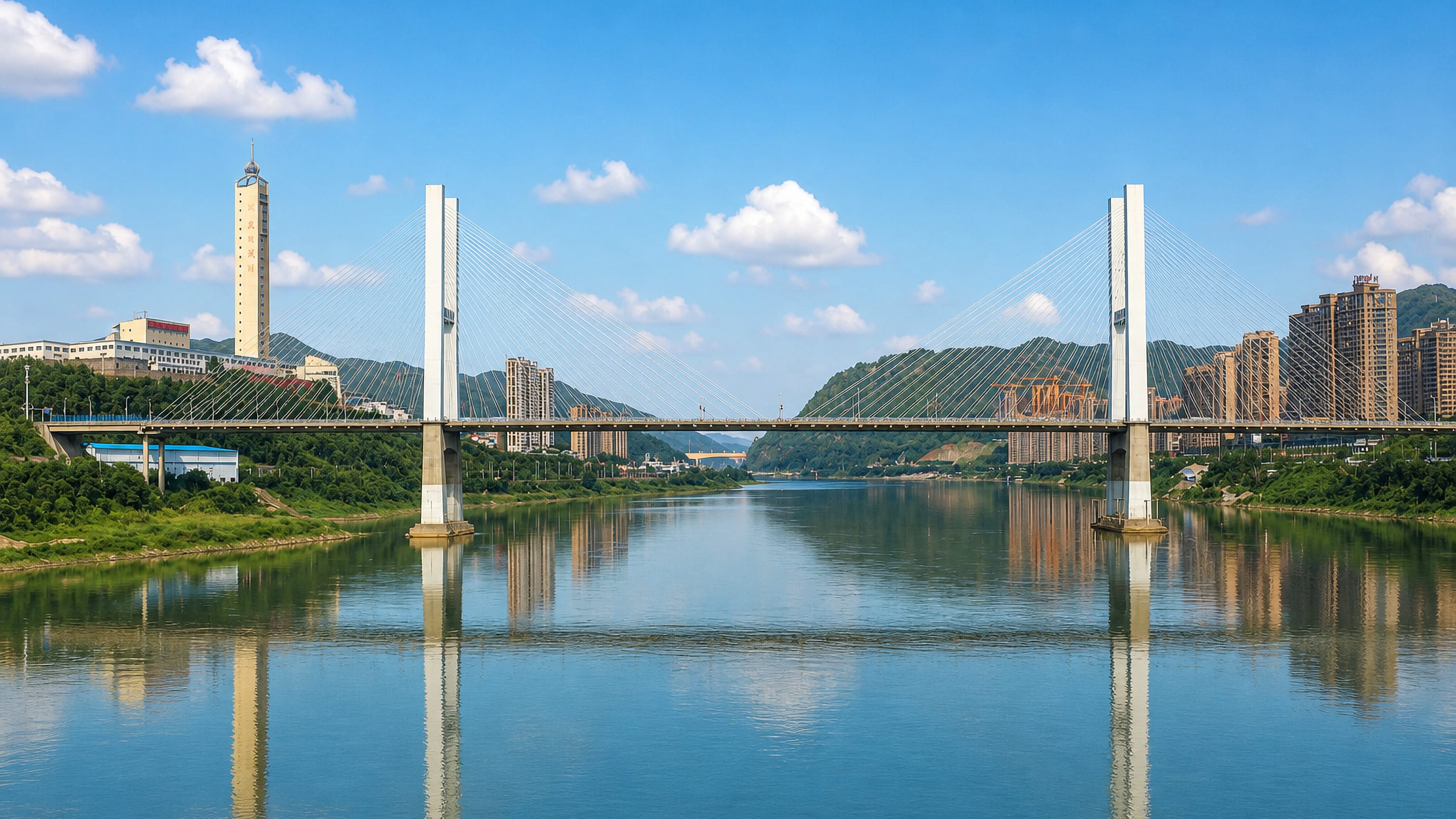 A cable-stayed bridge spanning the river at Nanping, Fujian, with wooded hills behind riverfront towers.