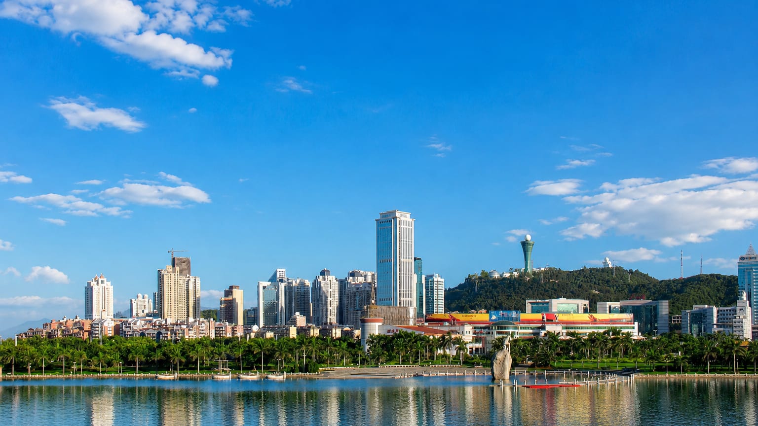 Palm-lined waterfront and high-rise skyline of Xiamen reflected in calm water below a hilltop tower.