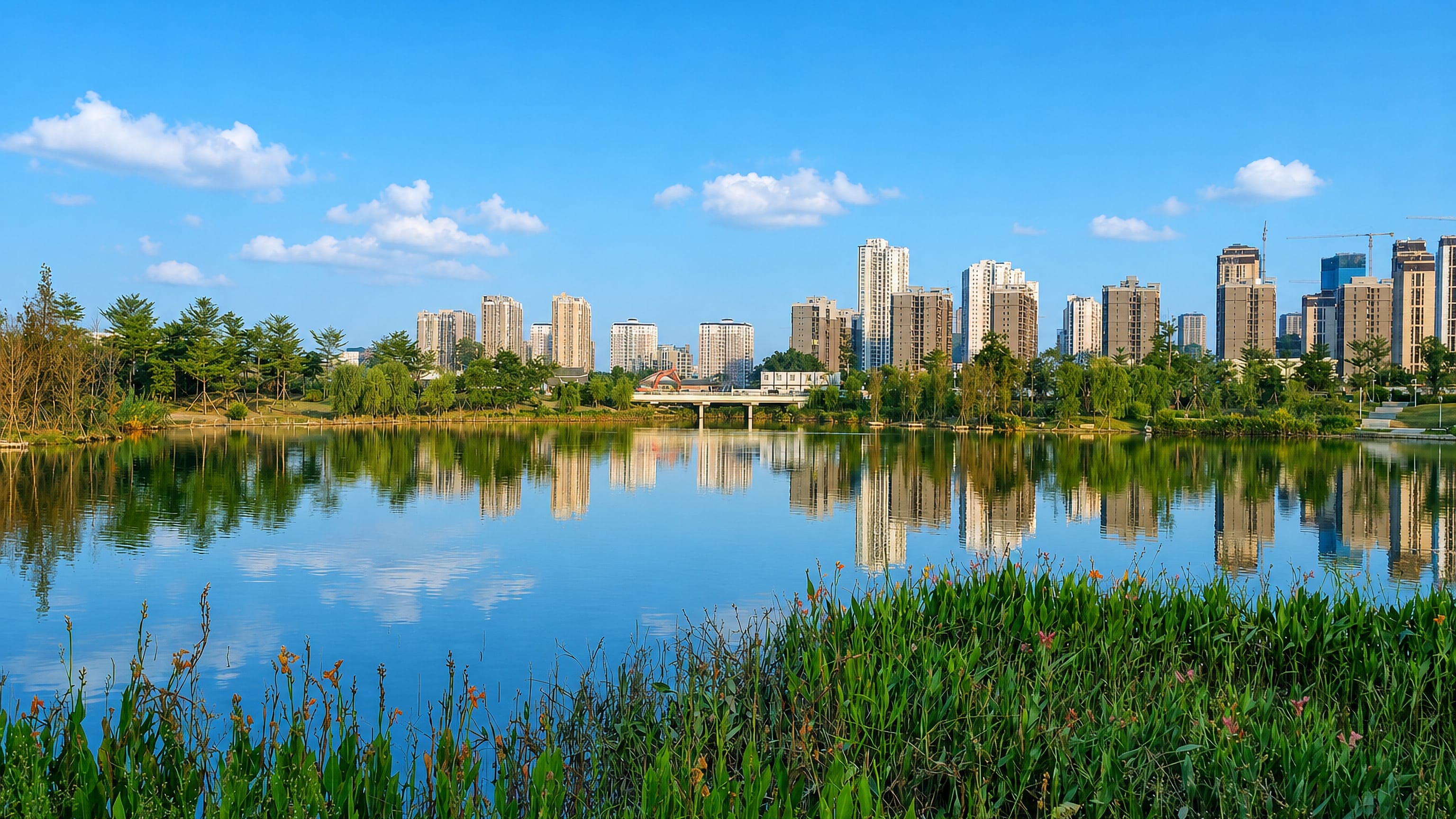 High-rise towers of Zhangzhou, China, reflected in a lake fringed with reeds and parkland.
