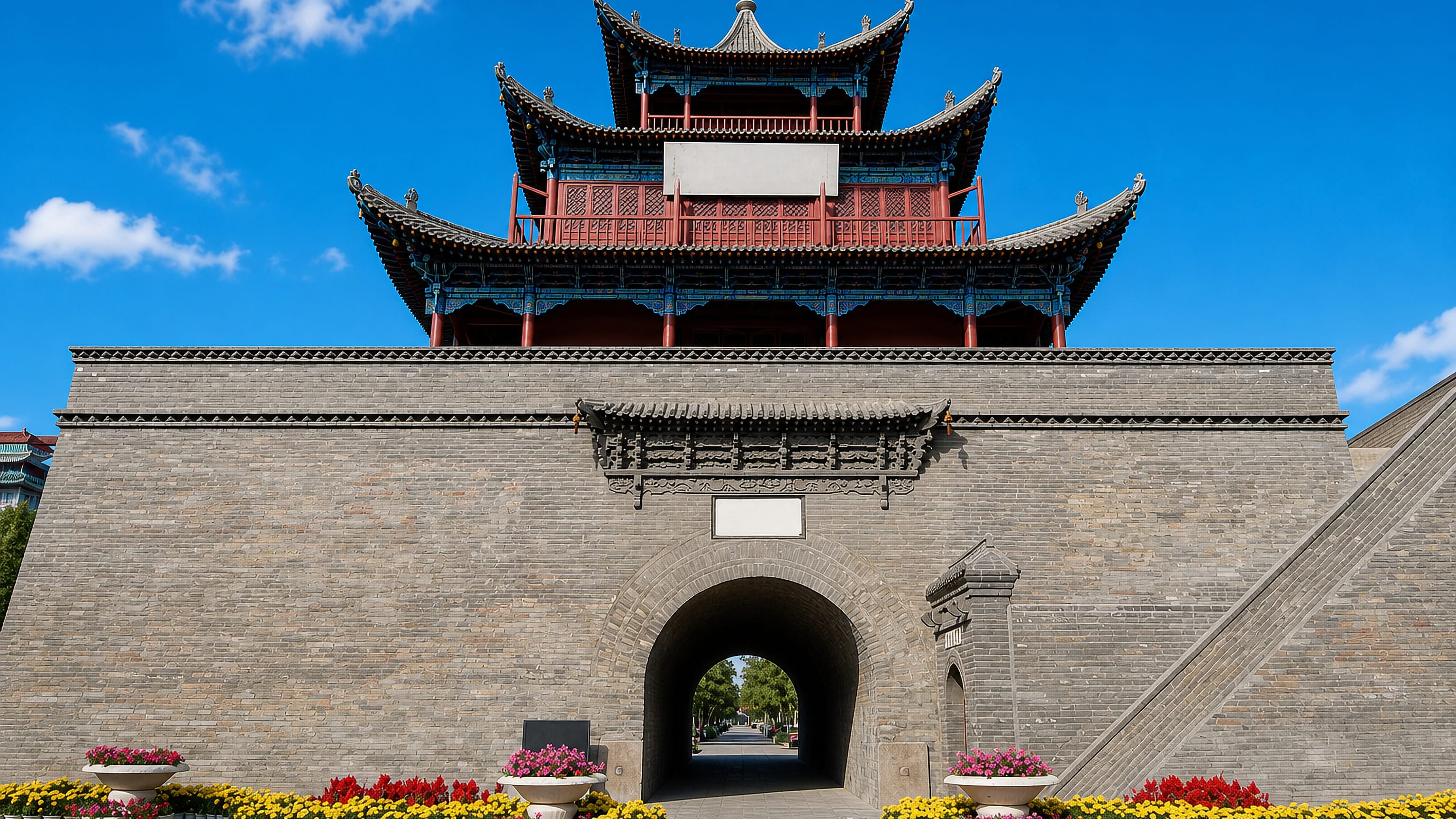The drum-tower gate of Jiuquan, Gansu, its tiered timber pavilion above a grey brick arch and flower beds.