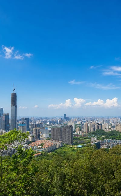 Dongguan's skyline and central business district viewed from a wooded hillside under blue sky.