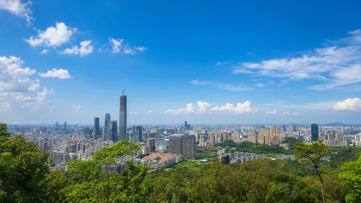 Dongguan's skyline and central business district viewed from a wooded hillside under blue sky.