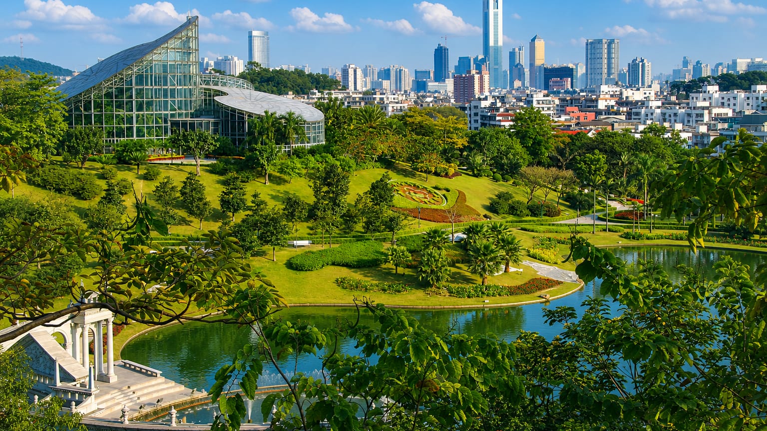 Yuntai Garden's lake and glass conservatory in Baiyun District with the Guangzhou skyline behind.