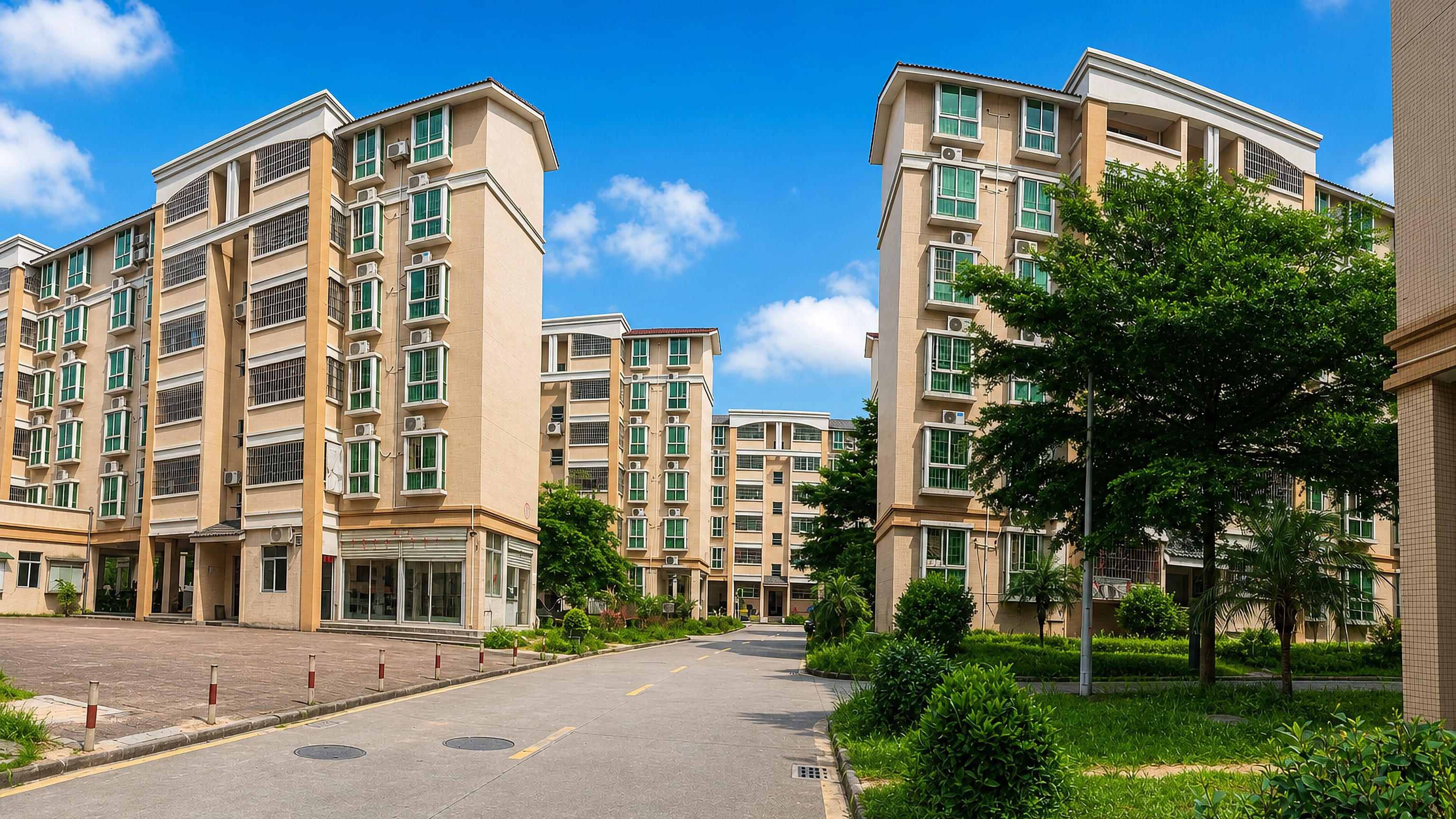 Mid-rise apartment blocks with green-framed windows along a quiet street in Huadu District, Guangzhou