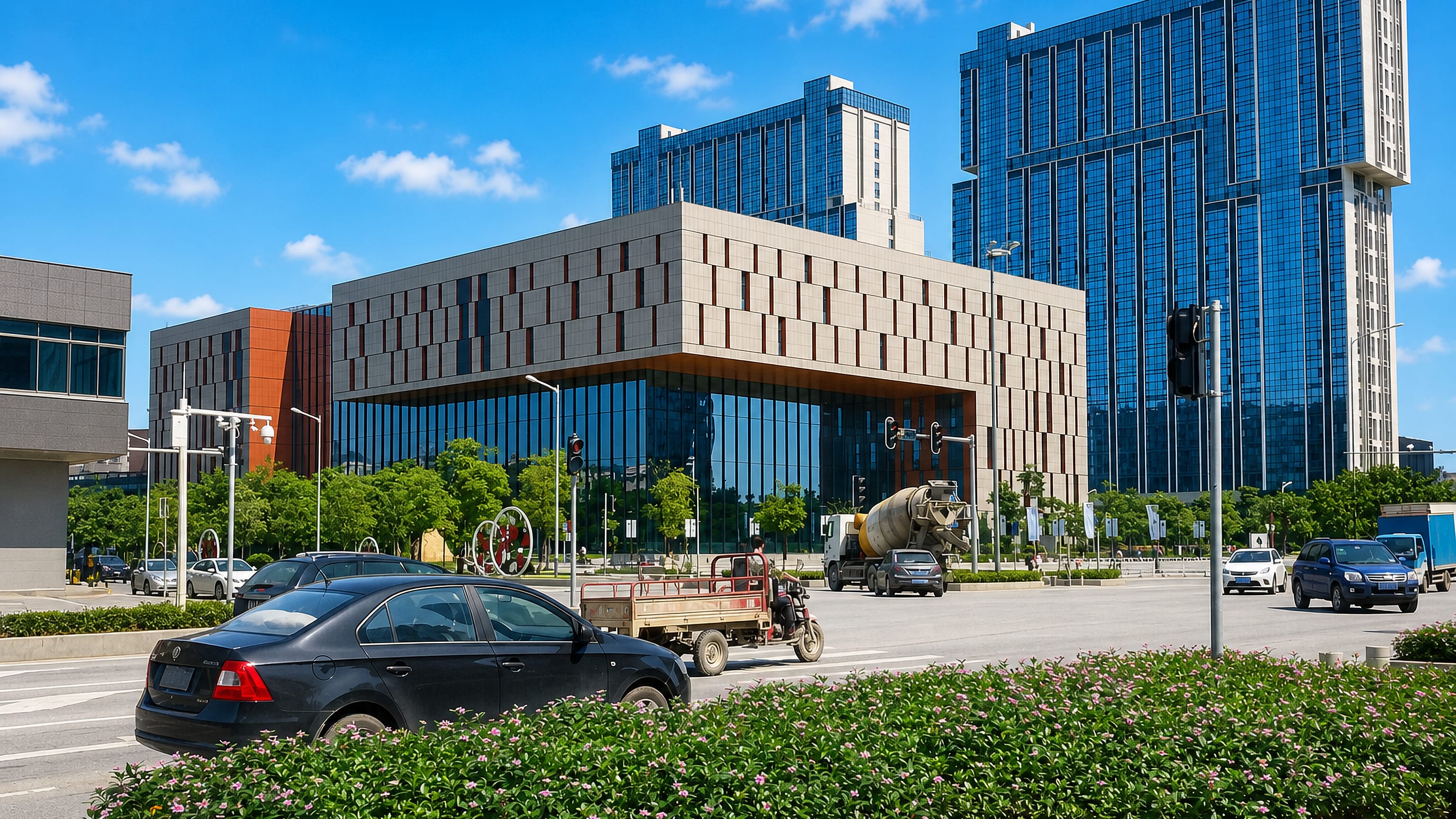 Glass office towers and a stone-clad podium above a broad hedged avenue in Huangpu District, Guangzhou.