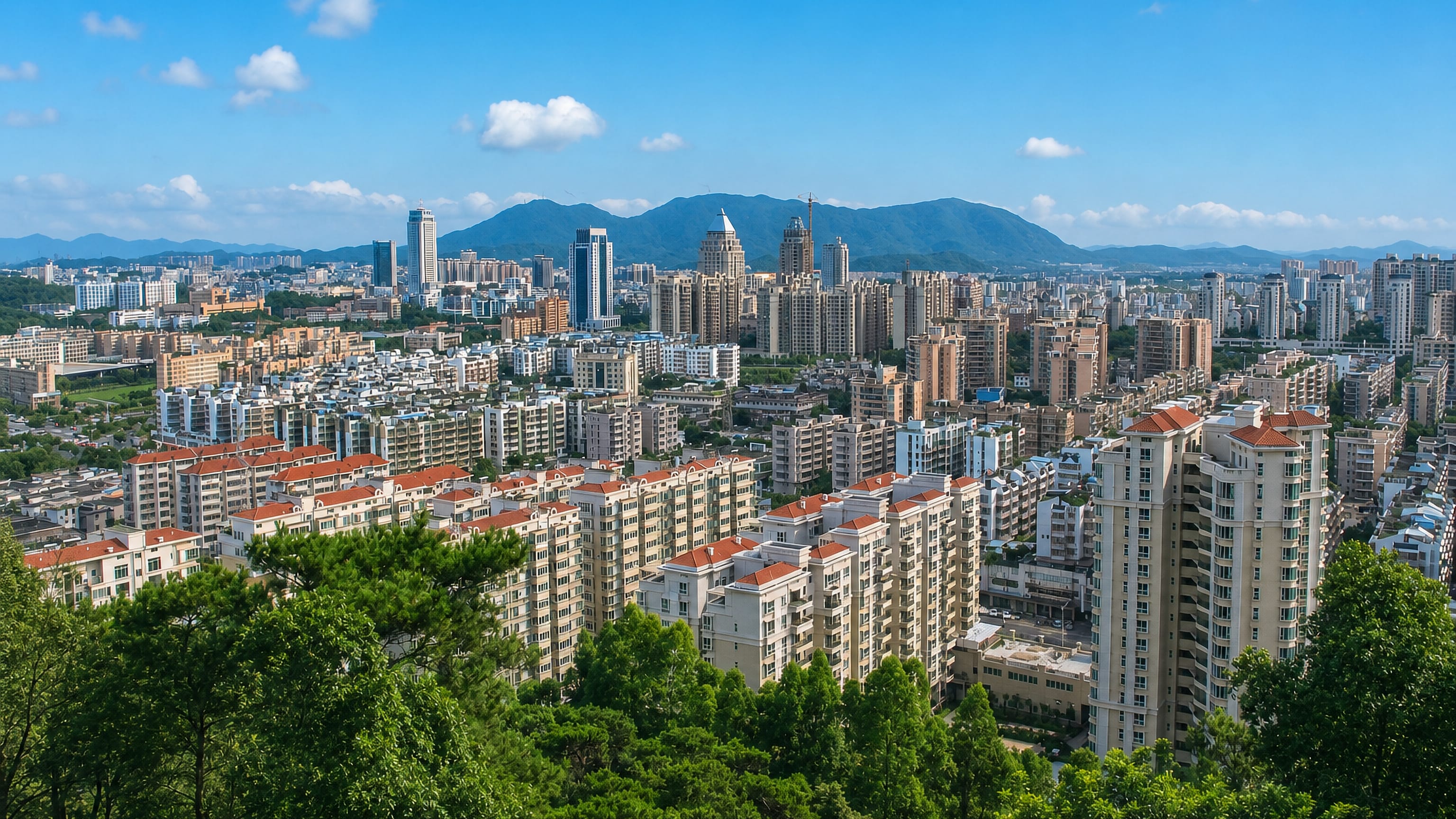 Jiangmen's dense mid-rise housing and CBD towers below forested hills, seen from a wooded slope.