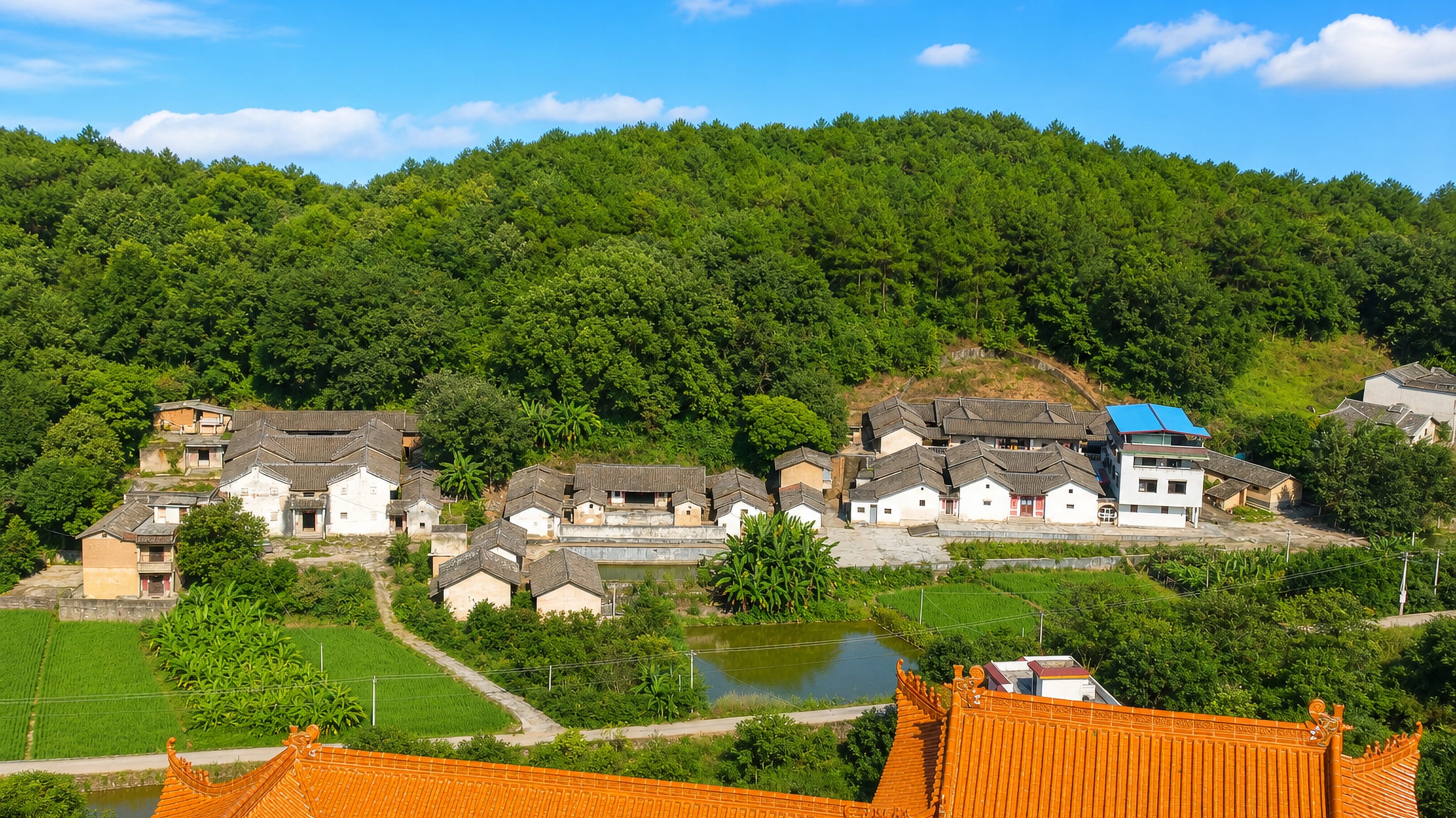 Hakka white-walled village houses, paddy fields and a glazed-tile temple roof in the hills near Meizhou, Guangdong.