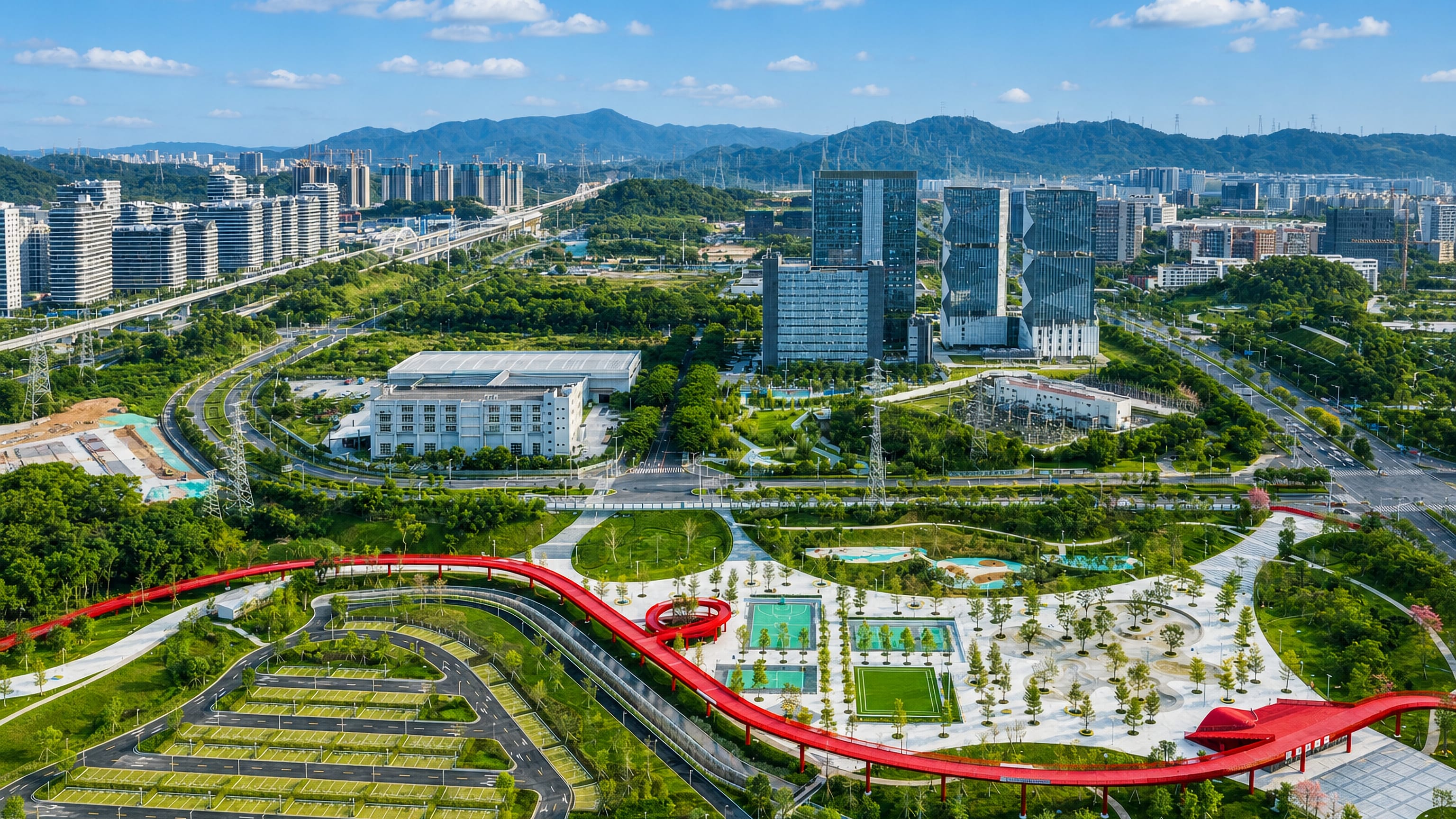 Red elevated skywalk winding through parkland and office towers in Guangming, northern Shenzhen