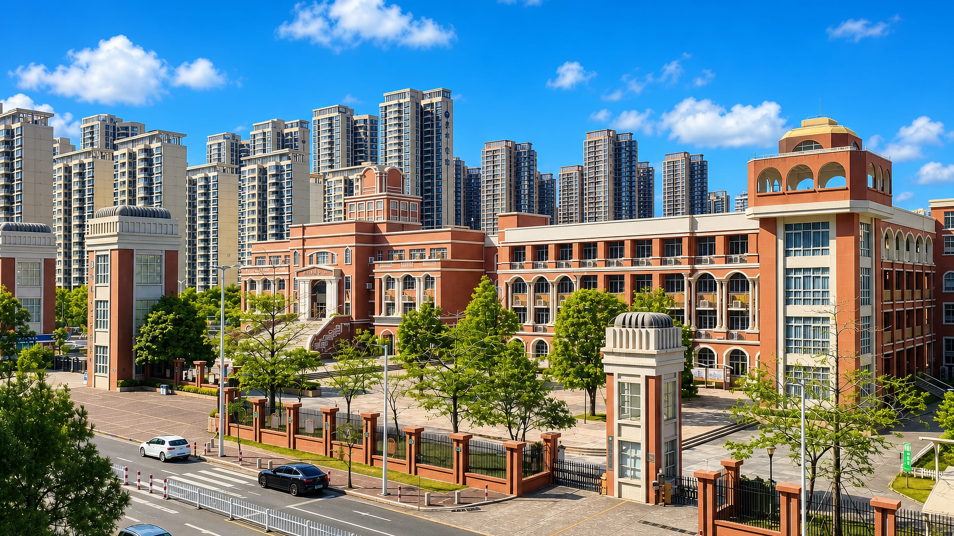 Red-brick institutional buildings and residential high-rises along a wide street in Taishan, Guangdong, China.