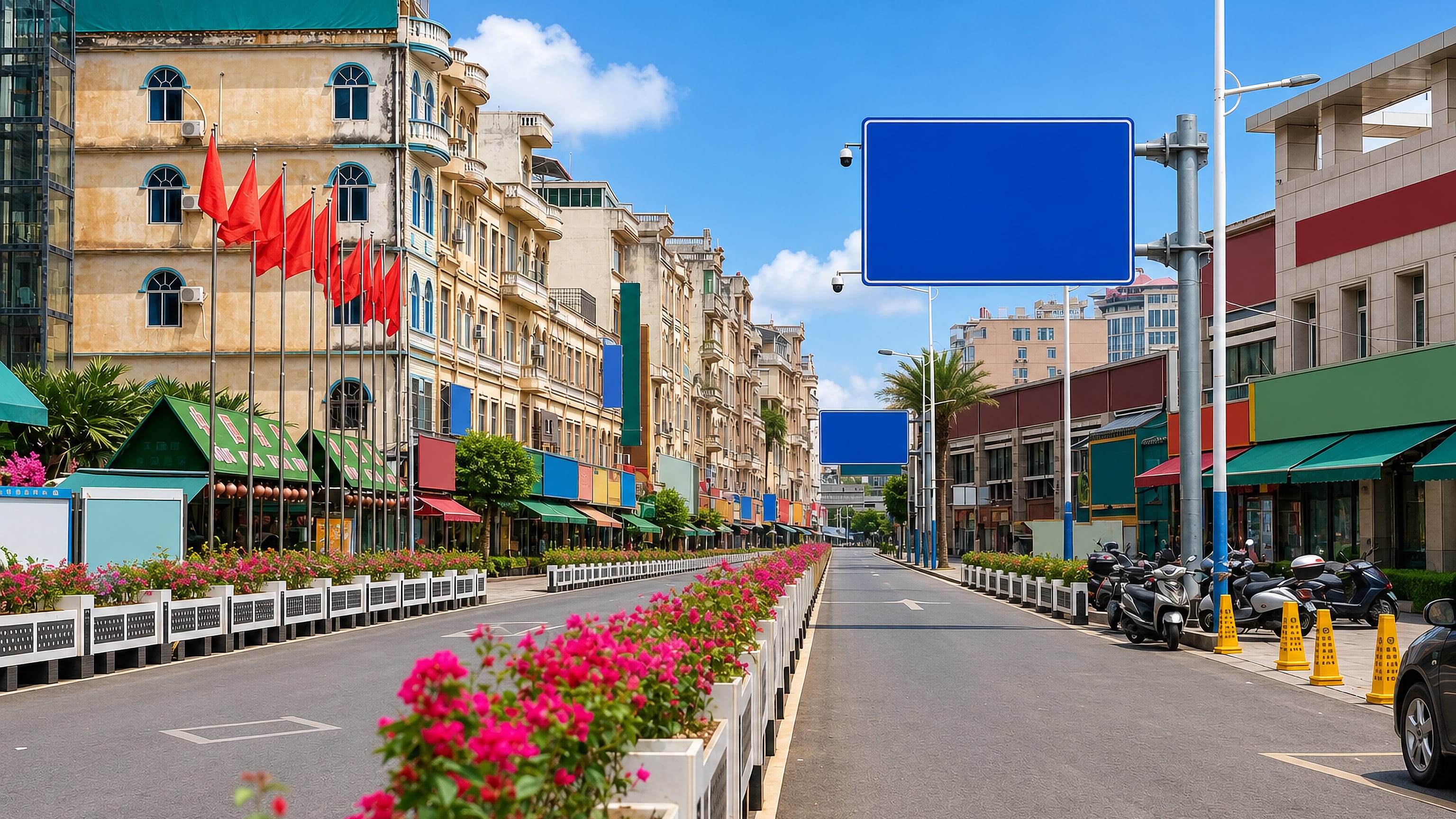 Flag-lined shopping street with arcaded colonial-era buildings and flowering planters in Dongxing, China.