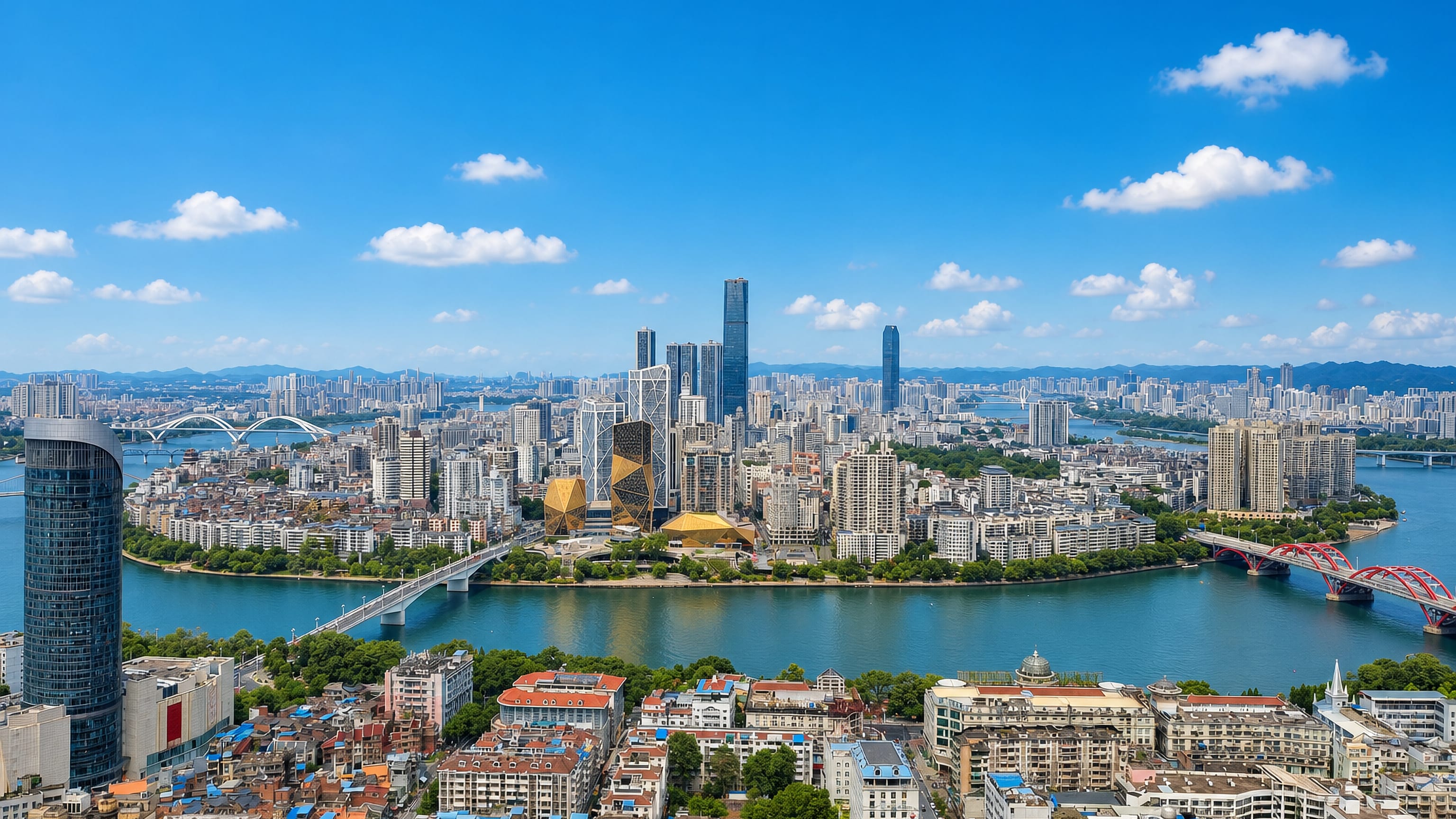 Liuzhou, China, across the Liu River loop, with the gold Culture and Art Centre and riverside towers.