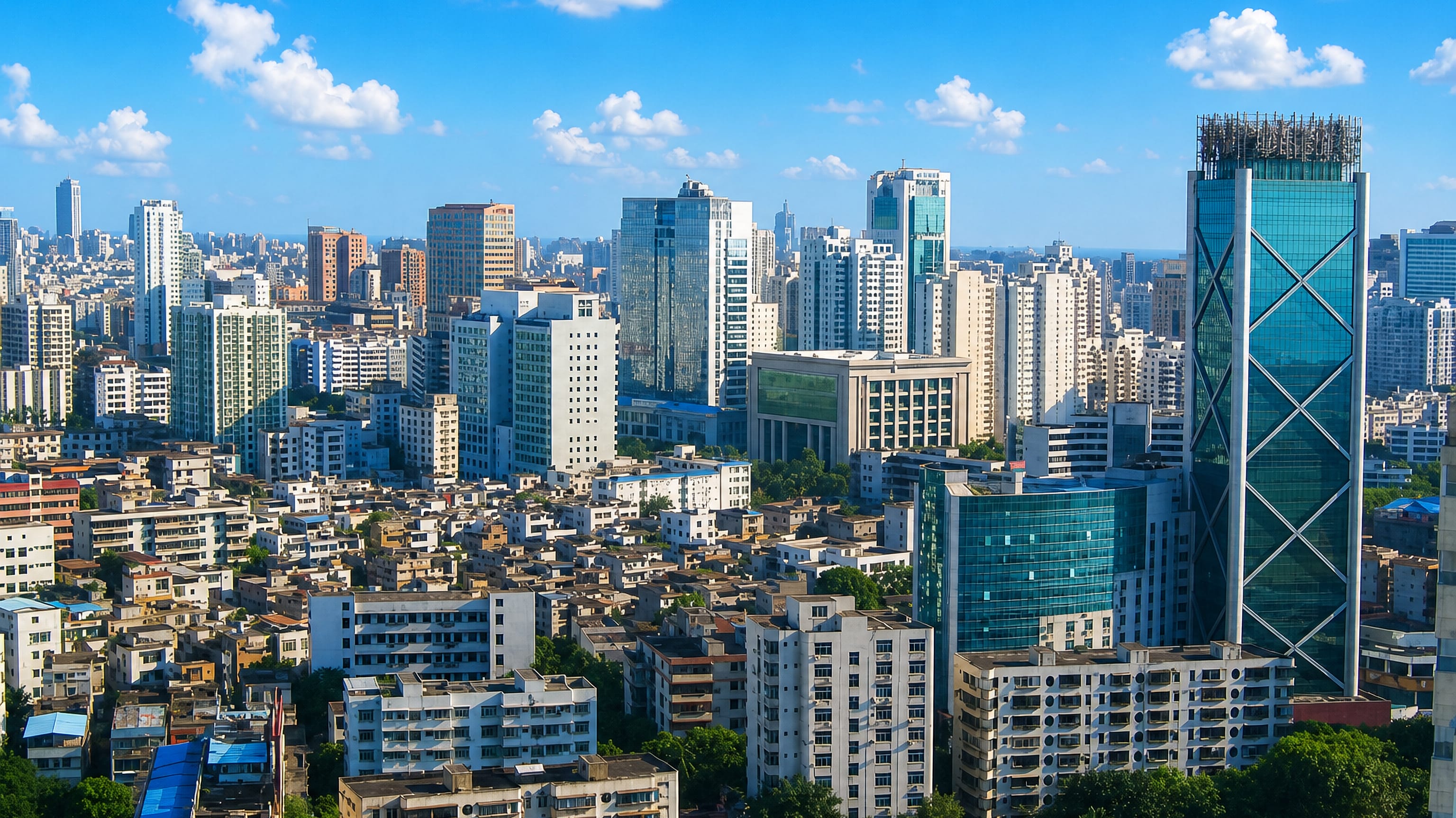 Dense high-rise and mid-rise blocks across the Haikou skyline on a clear day.