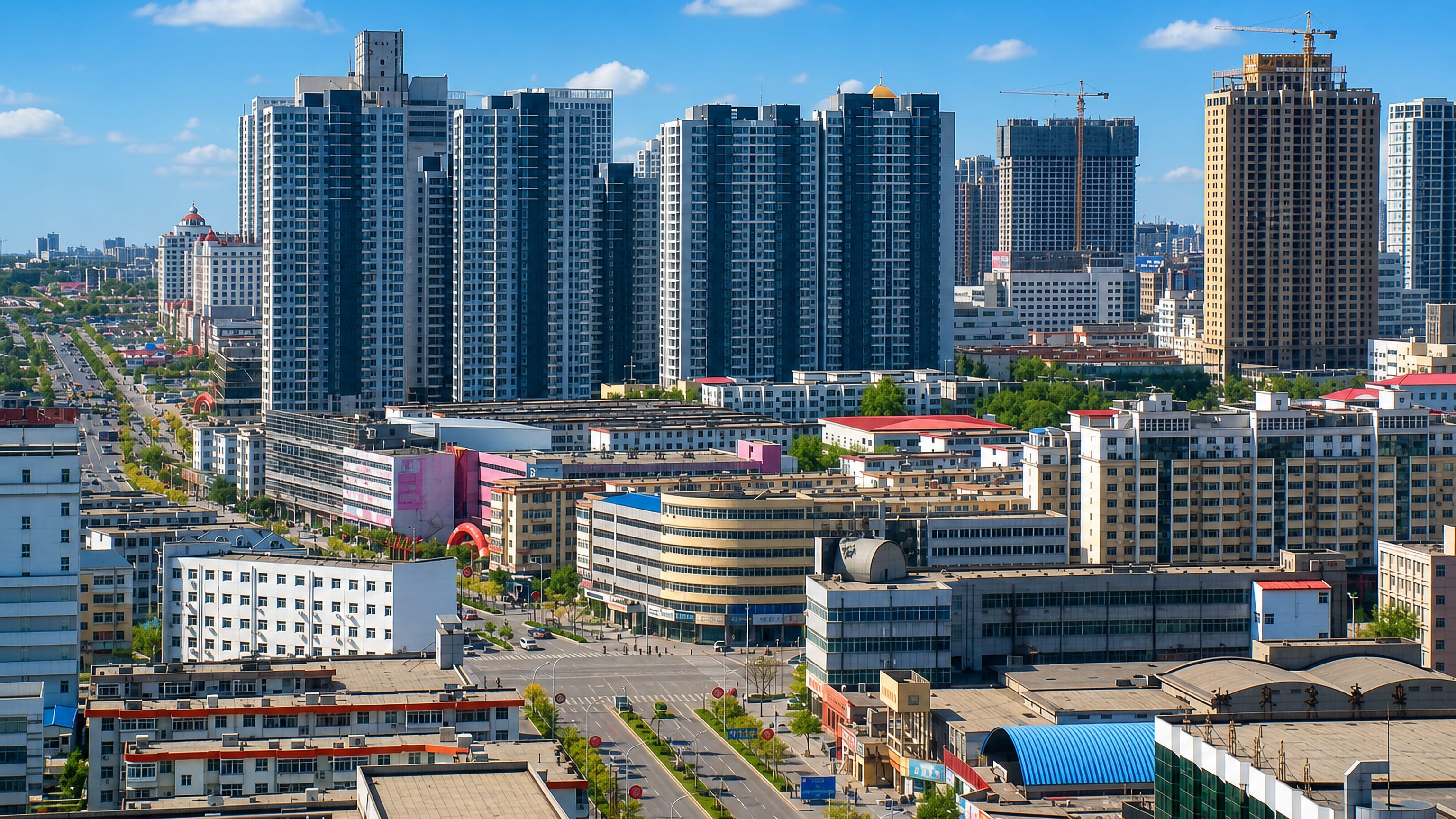 High-rise apartment towers and a wide tree-lined boulevard across the daytime skyline of Qinhuangdao, Hebei, China.