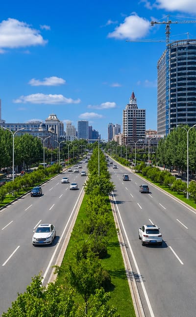 A tree-lined boulevard through Harbin lined with modern mid-rise buildings under a blue sky.