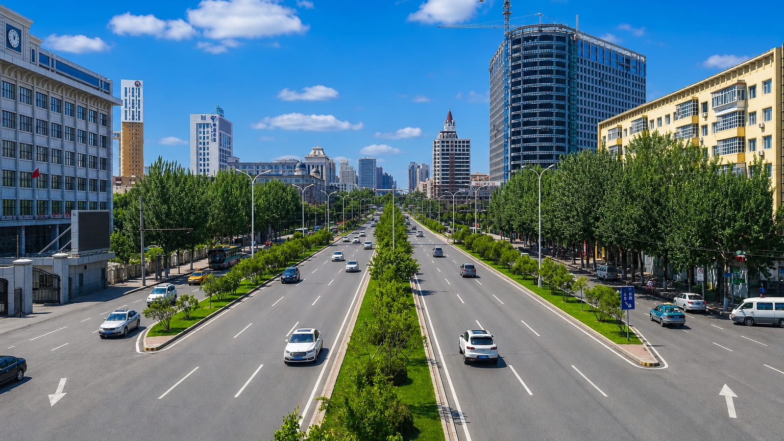 A tree-lined boulevard through Harbin lined with modern mid-rise buildings under a blue sky.