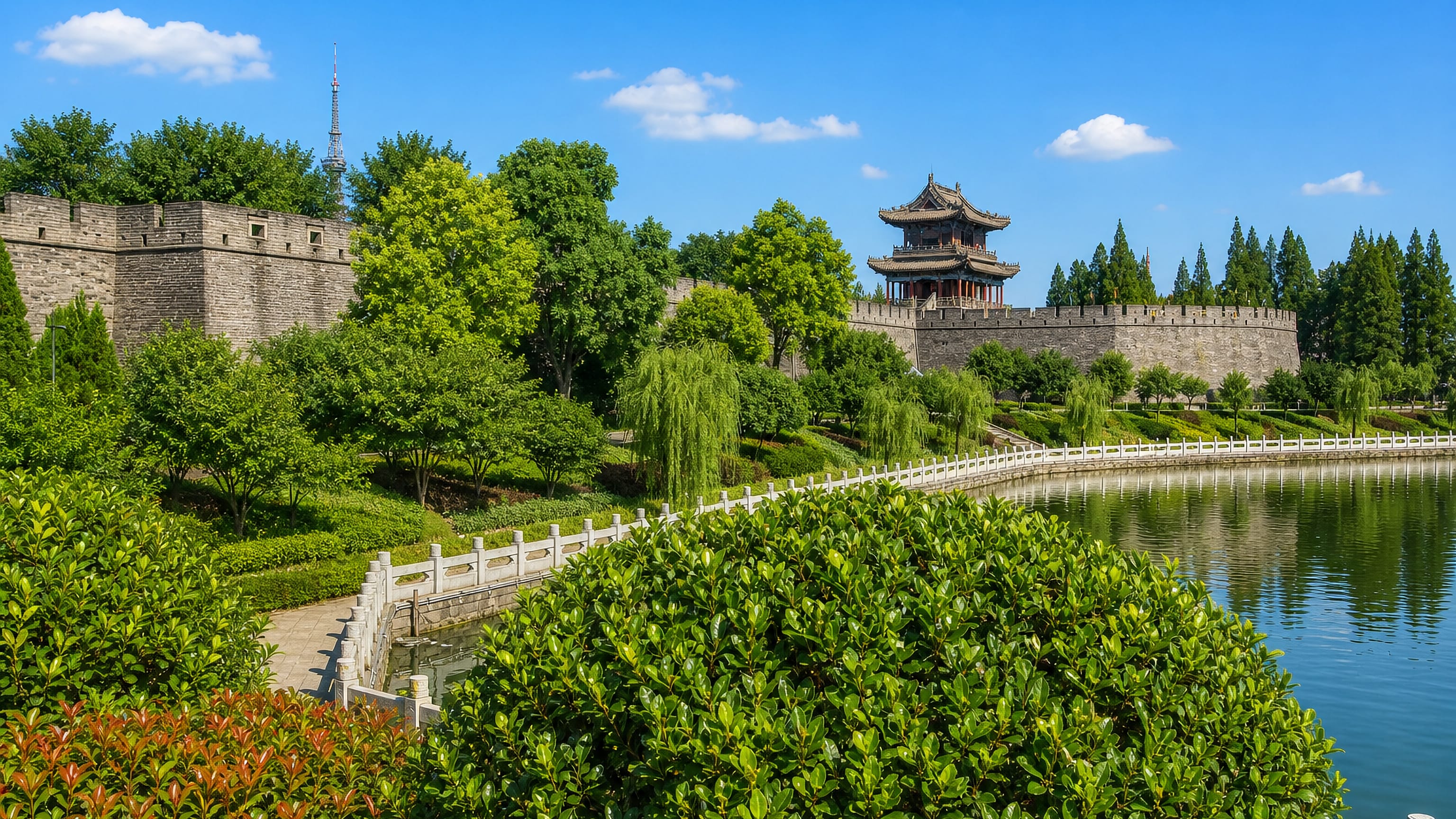 Jingzhou's ancient city wall and corner watchtower reflected in the moat, framed by willows and hedges