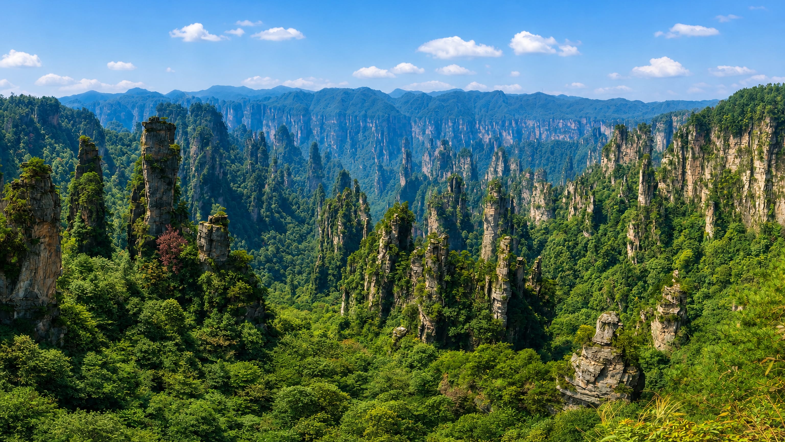 Sandstone pillar peaks and forested ridges of Zhangjiajie National Forest Park in Hunan, China, under a clear sky.