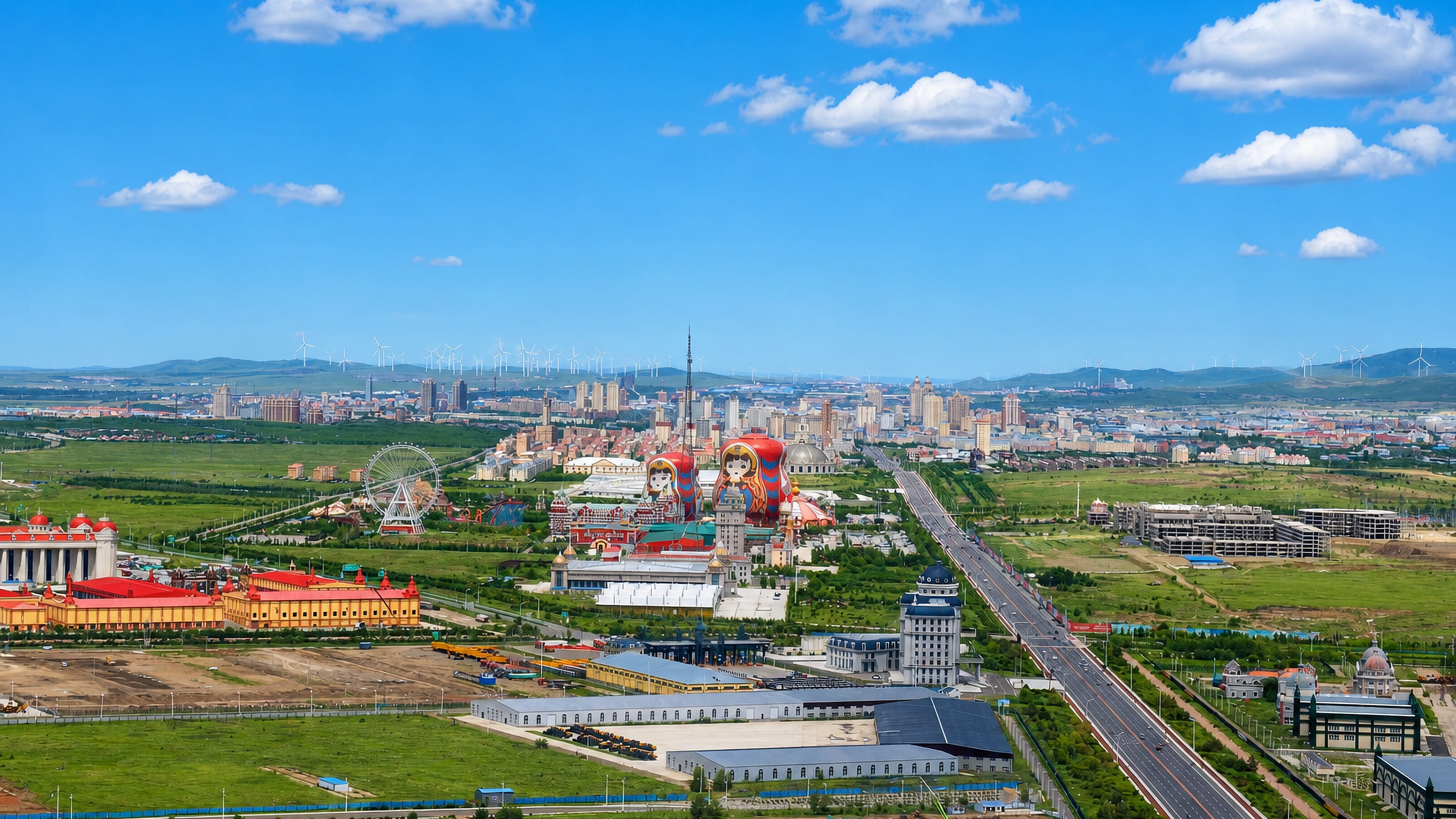 Manzhouli's matryoshka-doll square and Russian-style skyline on the Inner Mongolian grassland.
