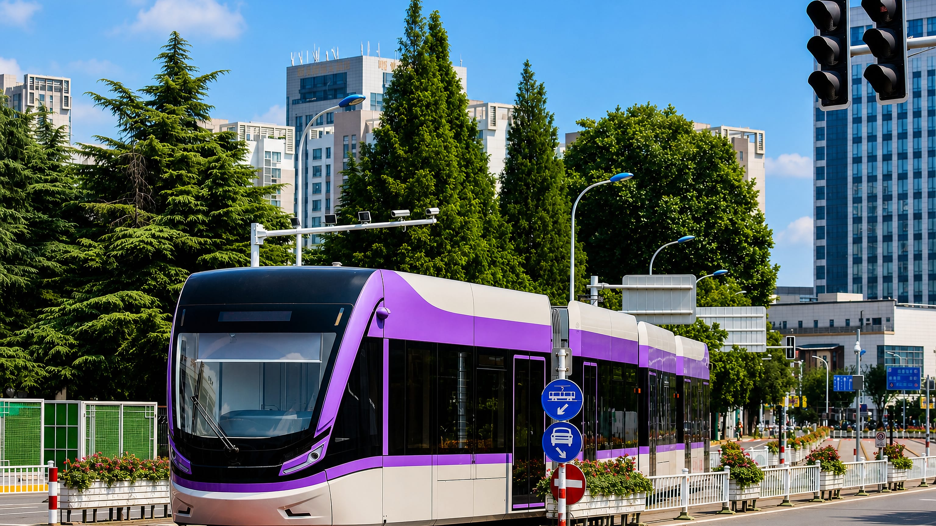 A modern tram on a tree-lined boulevard among mid-rise towers in Huai'an, Jiangsu.
