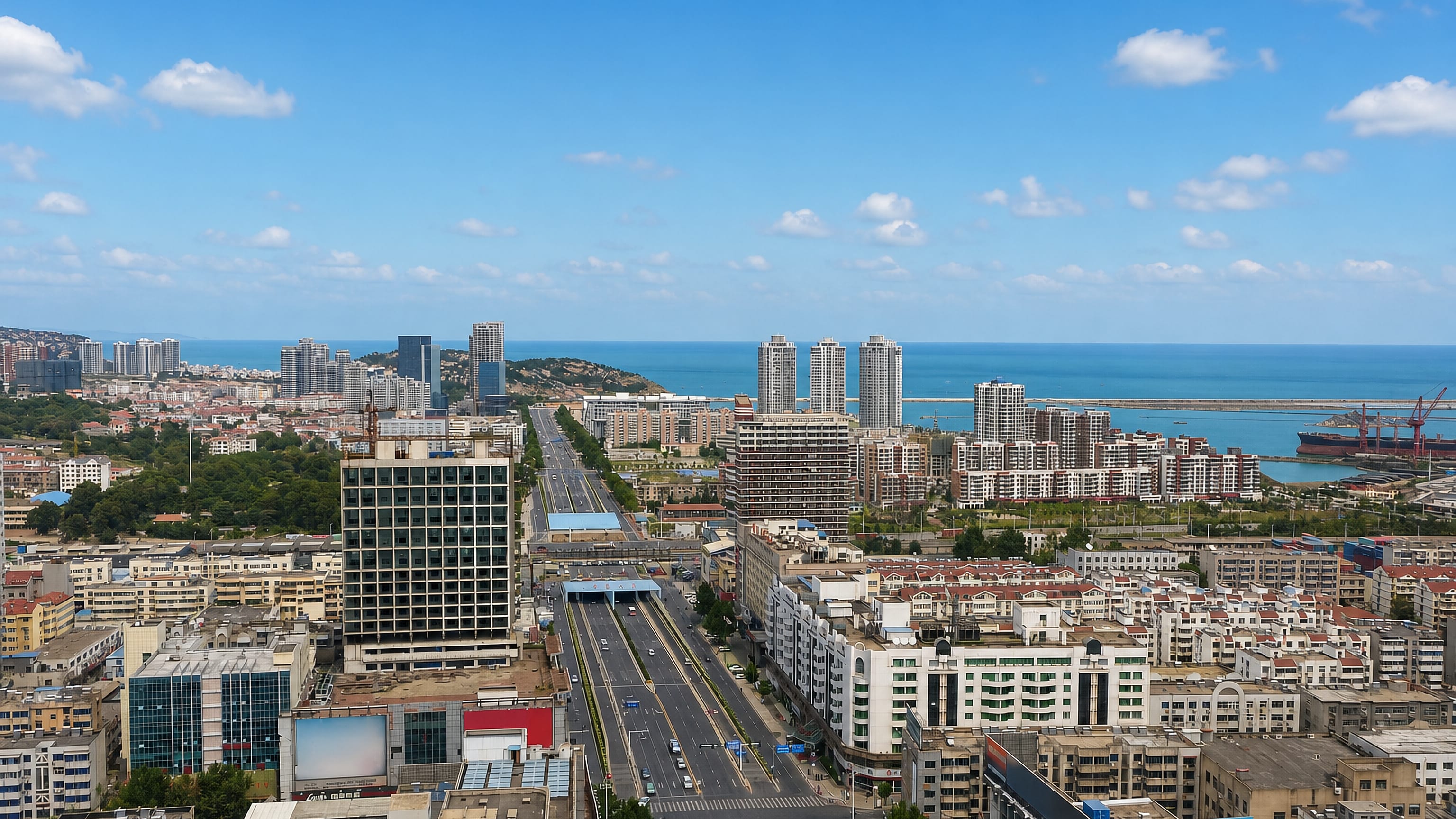 Lianyungang, China, seen over its high-rises toward the Yellow Sea port and wooded coastal hills.