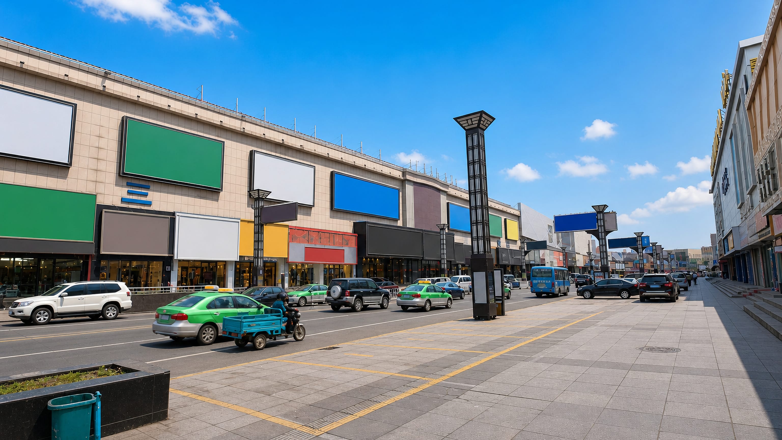 Wide commercial street in Hunchun, China, lined with shopfronts and taxis under a clear blue sky.