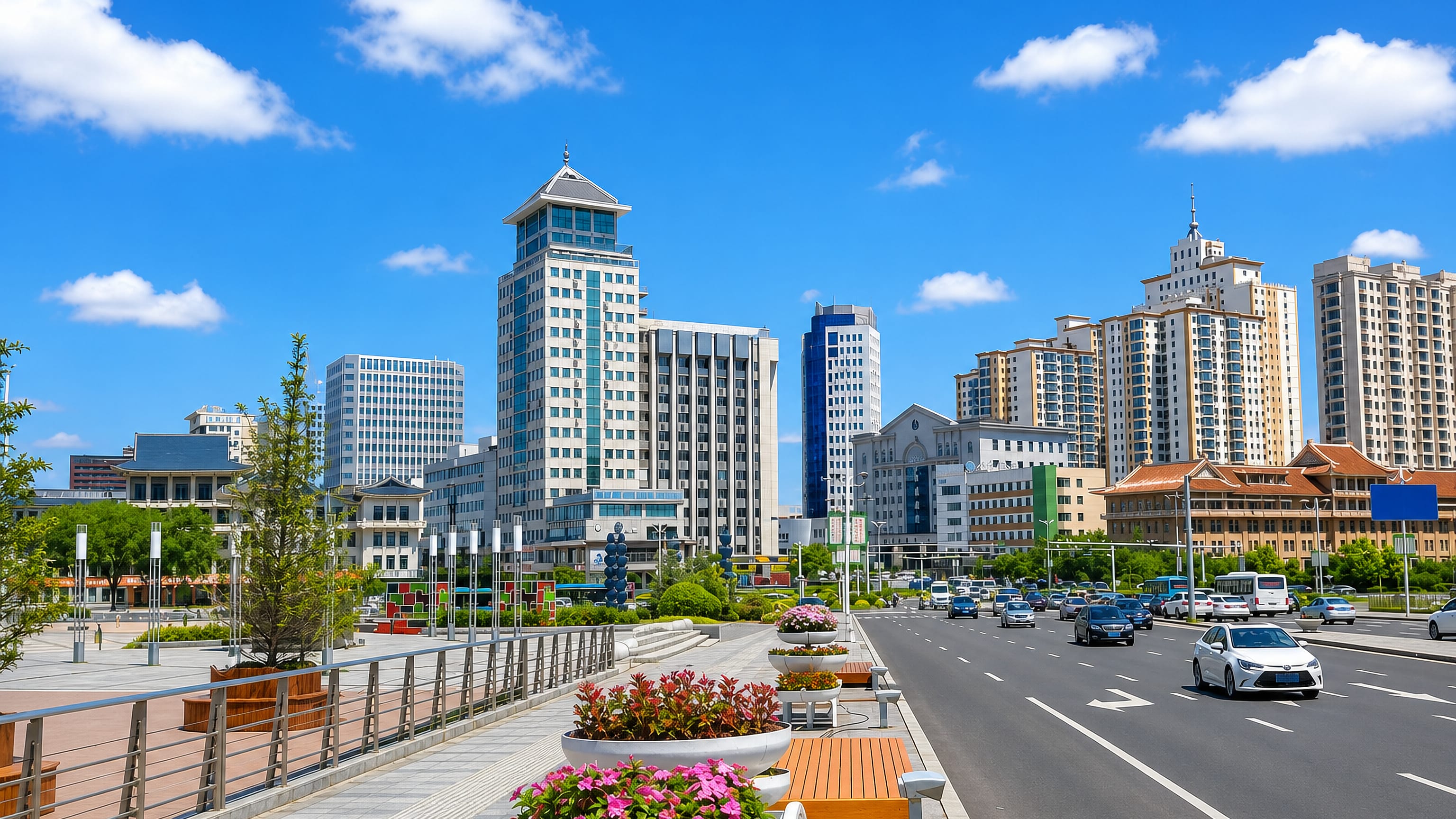Boulevard in Yanji, China, lined with high-rises and tiled Korean-style roofs under a clear sky.