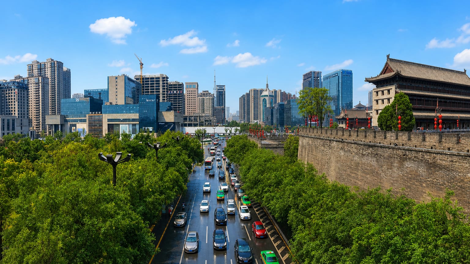 Xi'an ancient city wall with its tower and red lanterns beside a tree-lined avenue and the modern skyline behind