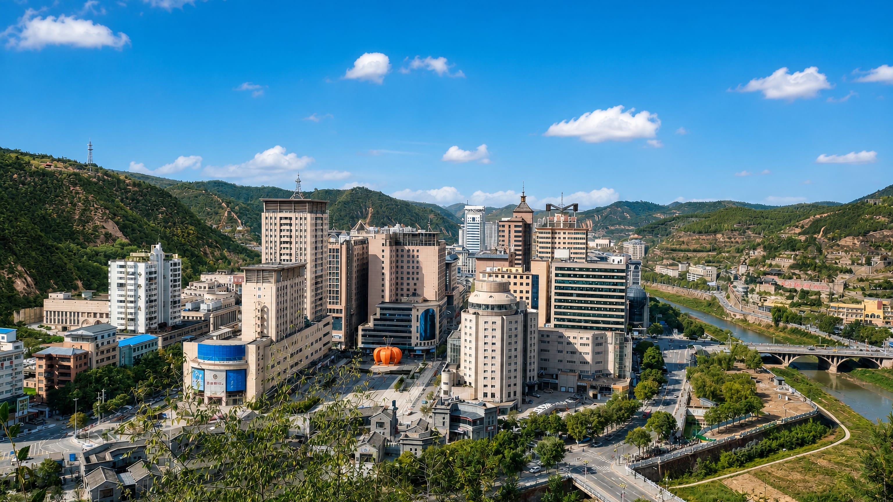 High-rise centre of Yan'an, China, in its narrow loess valley beside the Yan River.