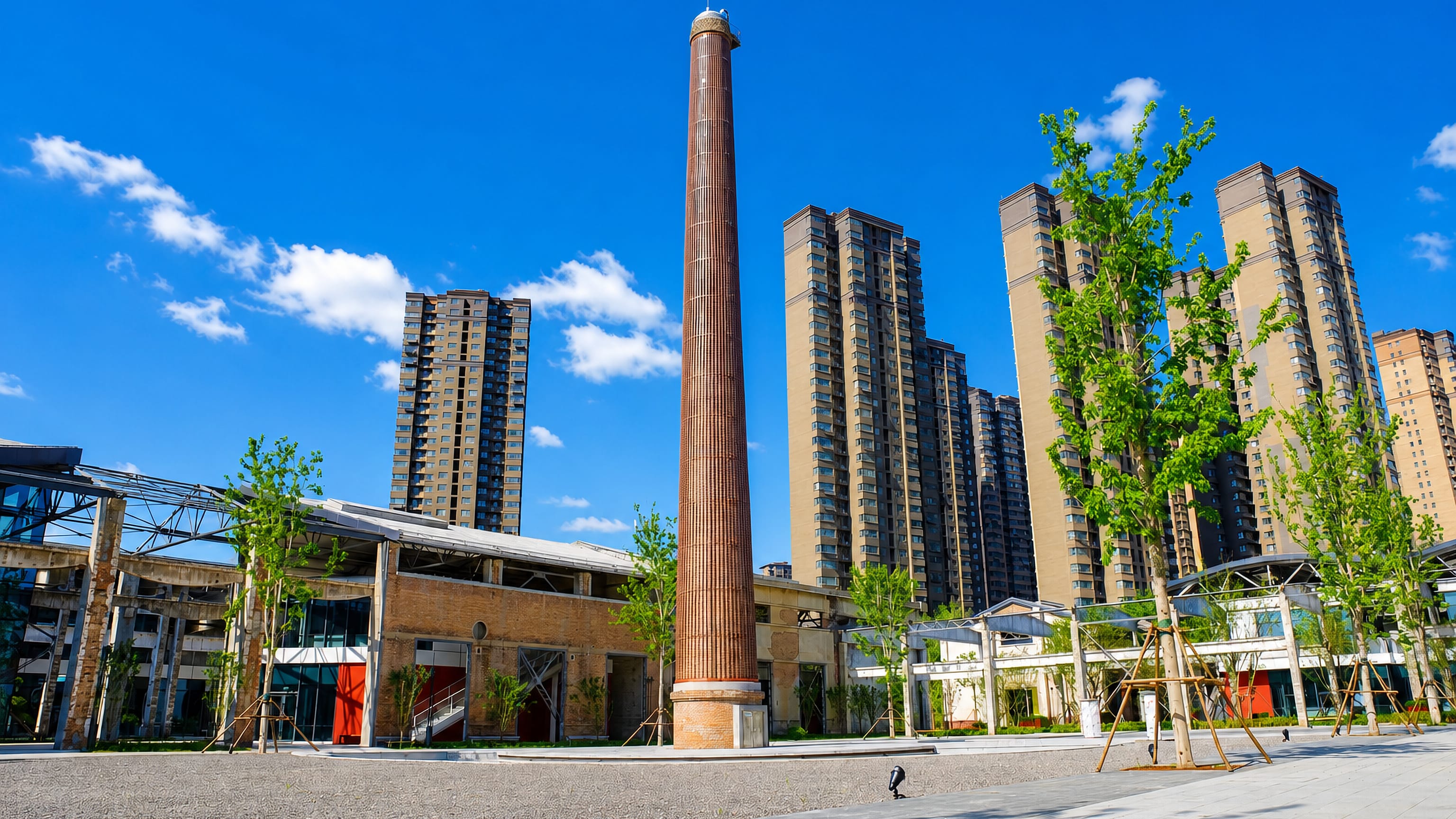 Brick factory chimney preserved on a paved plaza in Dezhou, backed by rows of residential towers