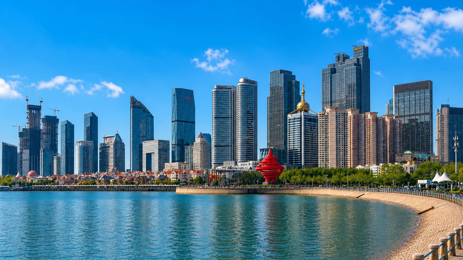 Qingdao skyline behind May Fourth Square with the red 'May Wind' sculpture on the seafront promenade.