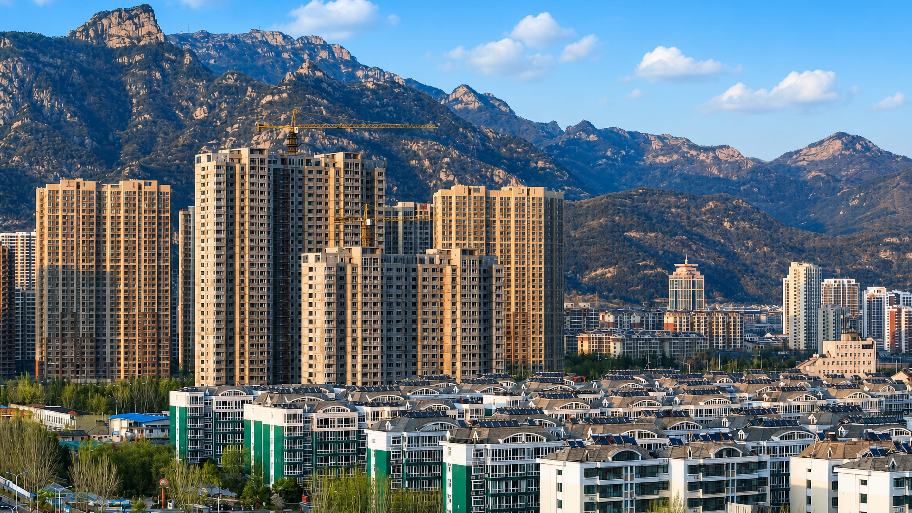 High-rise blocks of Tai'an, Shandong, below the rocky ridges of Mount Tai.
