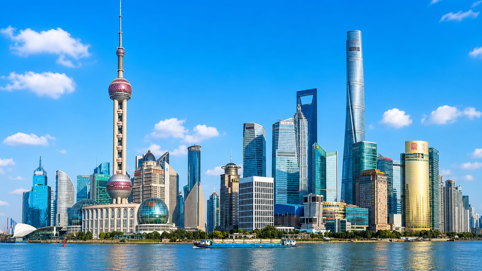 The Pudong skyline with the Oriental Pearl Tower, Shanghai Tower and World Financial Center across the Huangpu River in Shanghai.