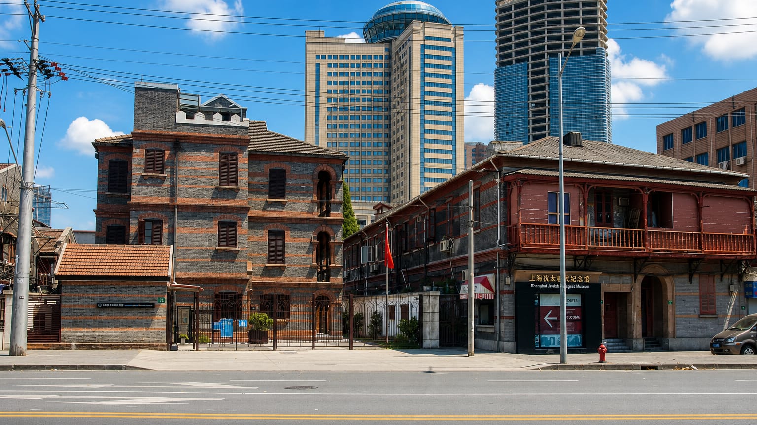 Shanghai Jewish Refugees Museum and historic Hongkou brick tenements of the former Shanghai Ghetto, with modern towers behind.
