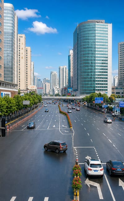 Wide modern boulevard lined with high-rise office towers under a blue sky in Zhabei, Shanghai.