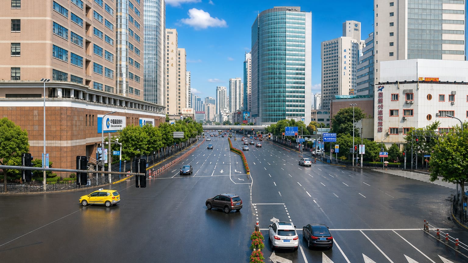 Wide modern boulevard lined with high-rise office towers under a blue sky in Zhabei, Shanghai.