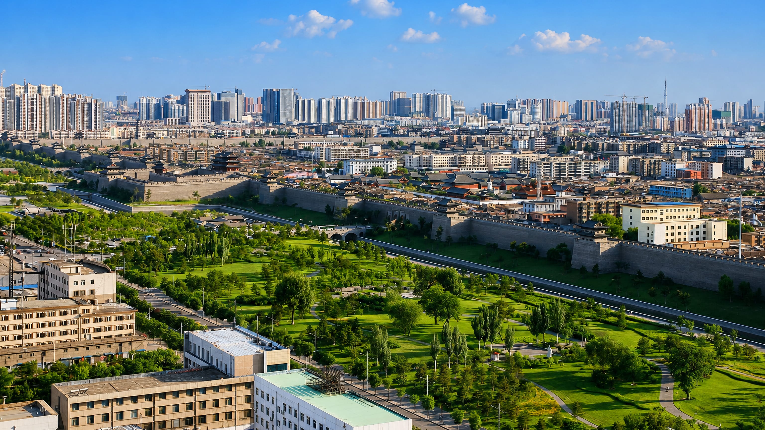 Datong's restored Ming city wall crossing parkland, with the Shanxi city's high-rise skyline beyond.