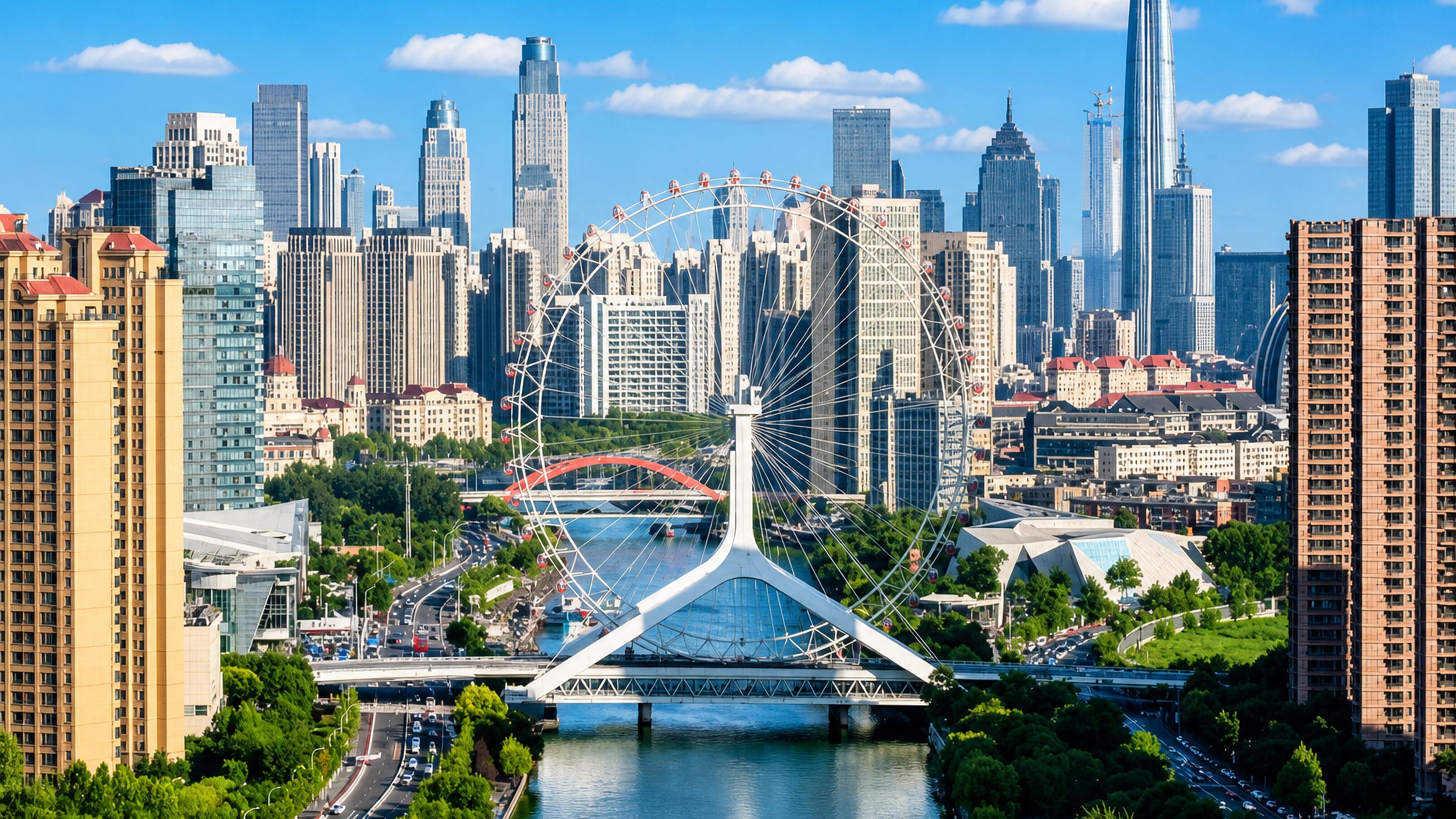 Tianjin Eye ferris wheel and cable-stayed bridge over the Hai River, backed by the city's high-rise skyline.