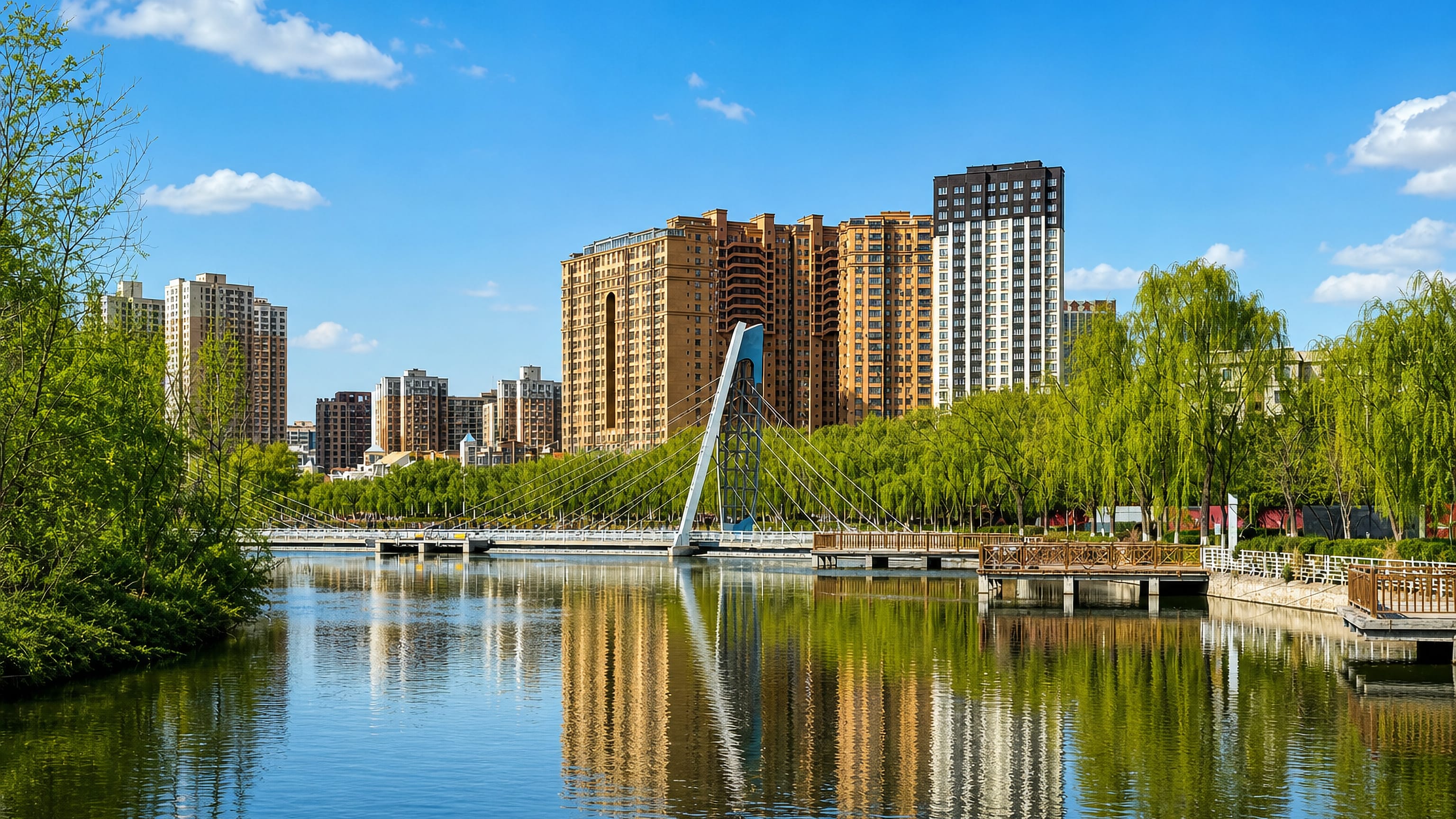 Willow-lined river park with a cable-stayed footbridge and apartment towers in Aqsu, Xinjiang.