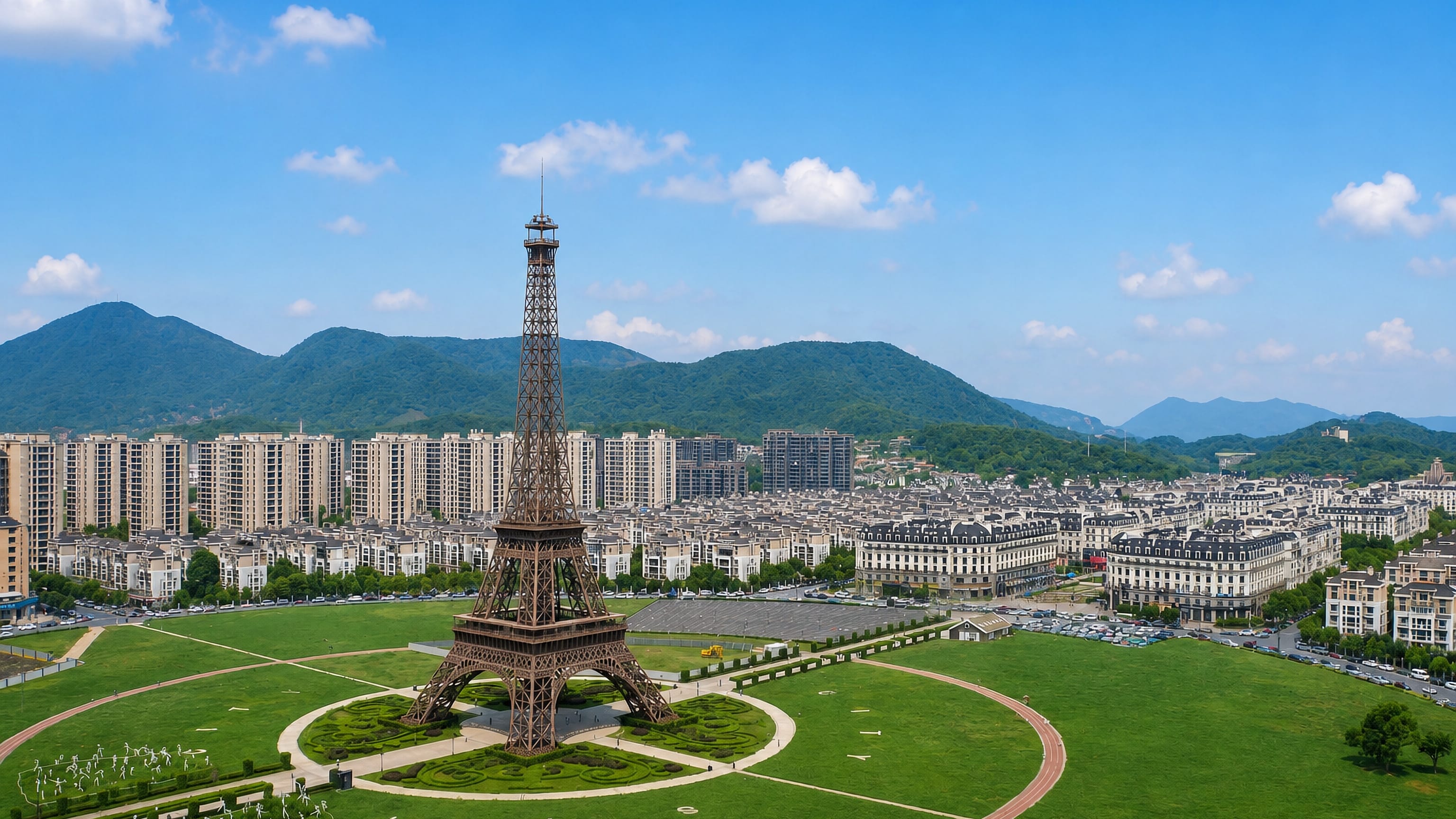 Tianducheng's Eiffel Tower replica rising above its Paris-style boulevards and apartment blocks near Hangzhou