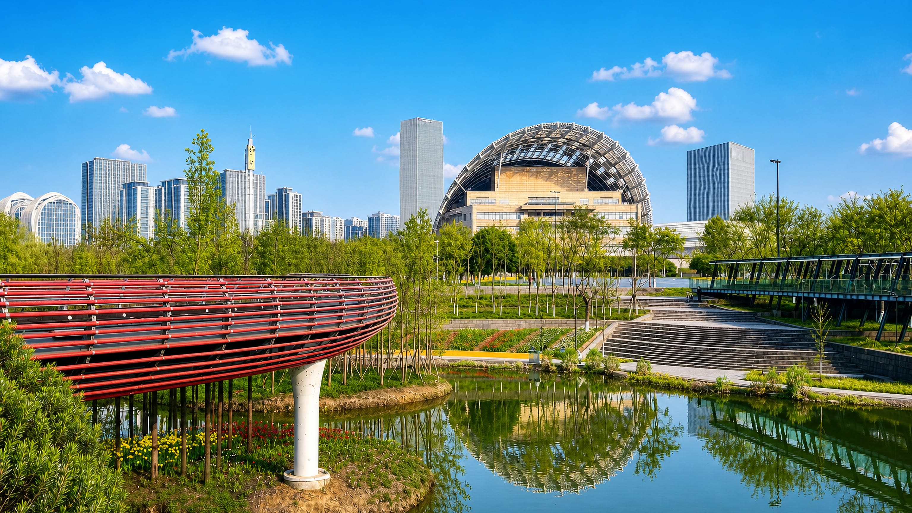 Latticed dome landmark and riverside park towers on the Jinhua skyline in Zhejiang, China.