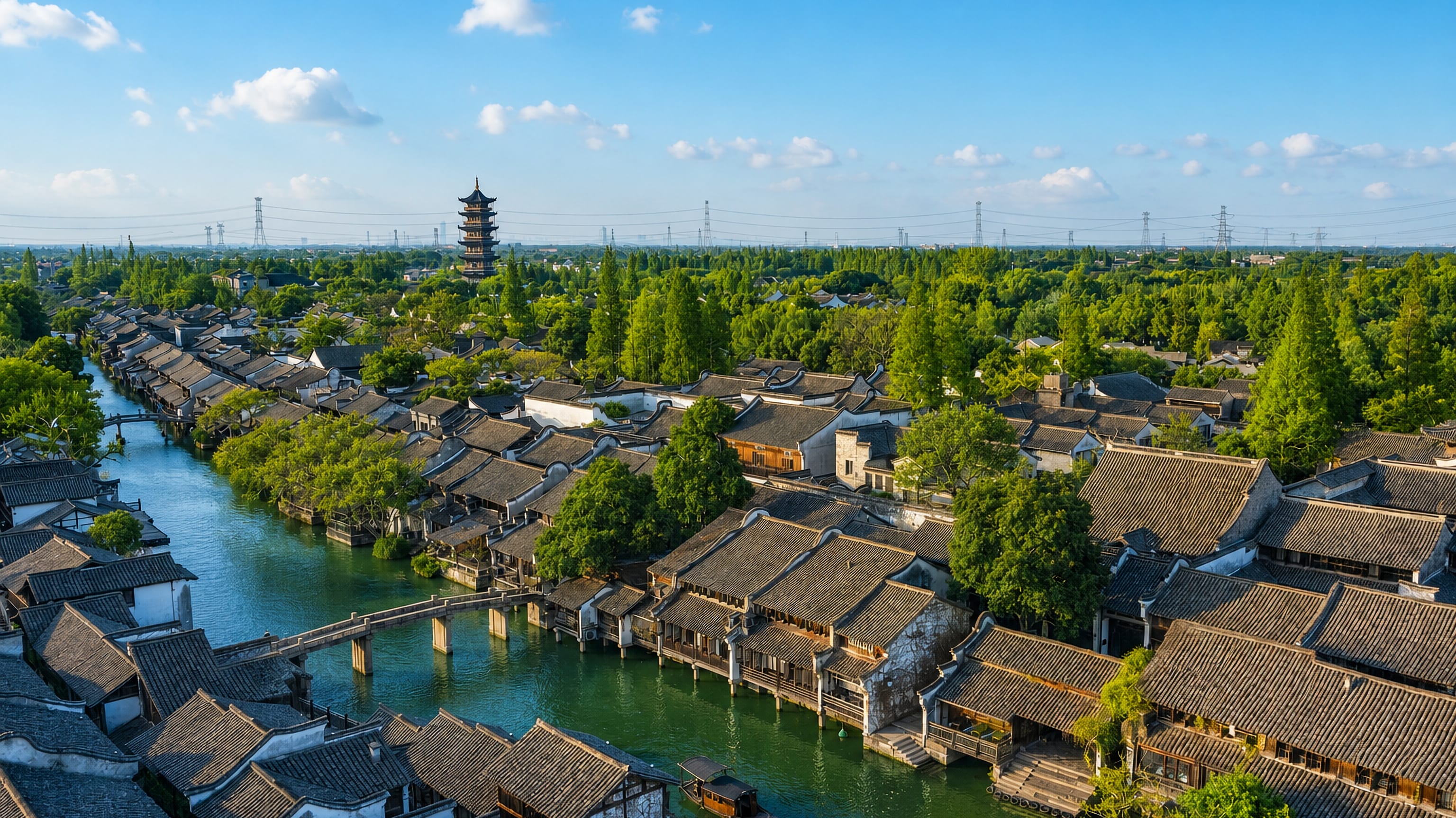 Wuzhen water town, Zhejiang, with black-tiled canal houses, timber footbridges and its pagoda beyond