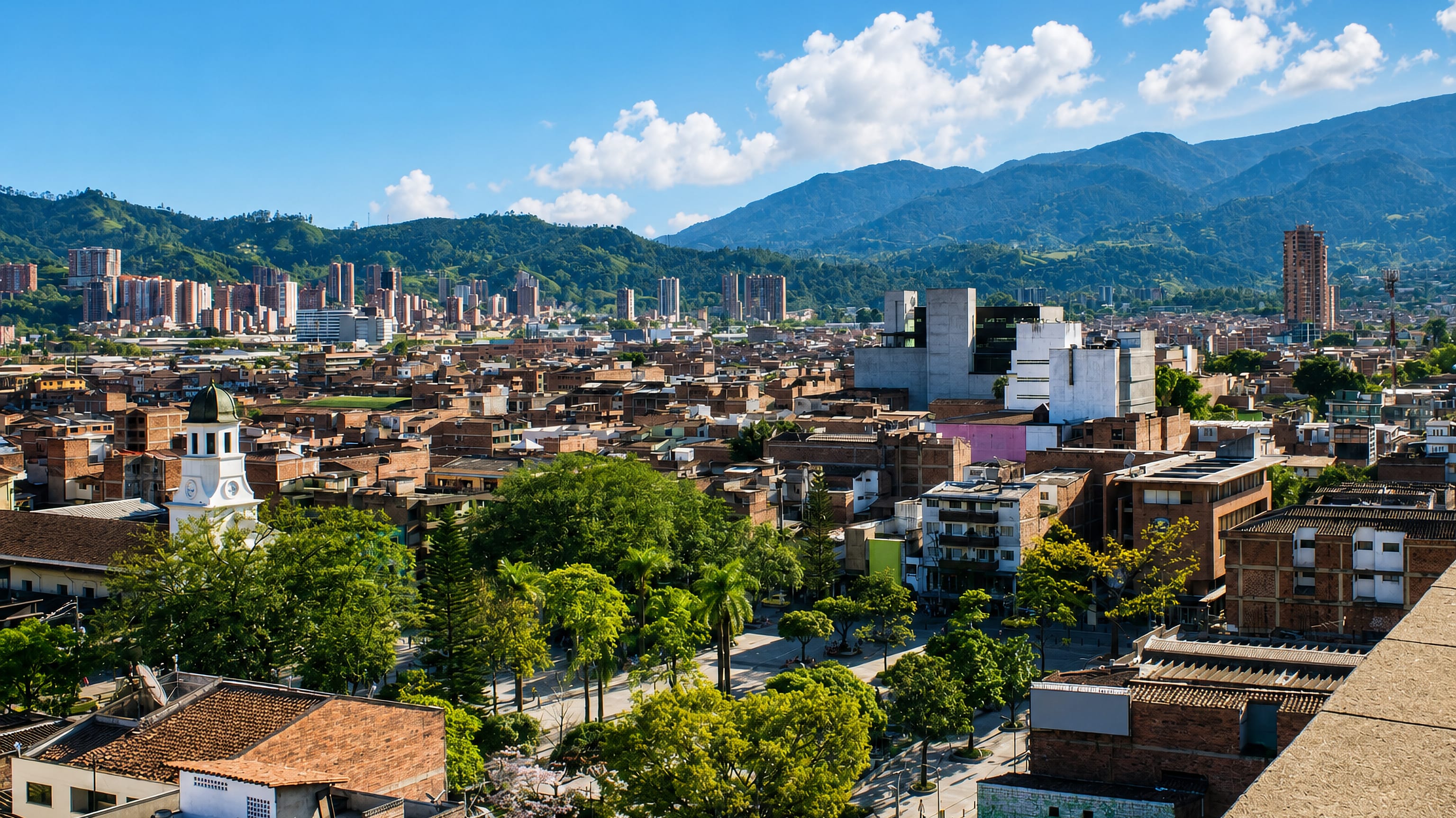 Red-brick rooftops of Itagui with a white church tower and treed plaza below the Aburra valley hills.