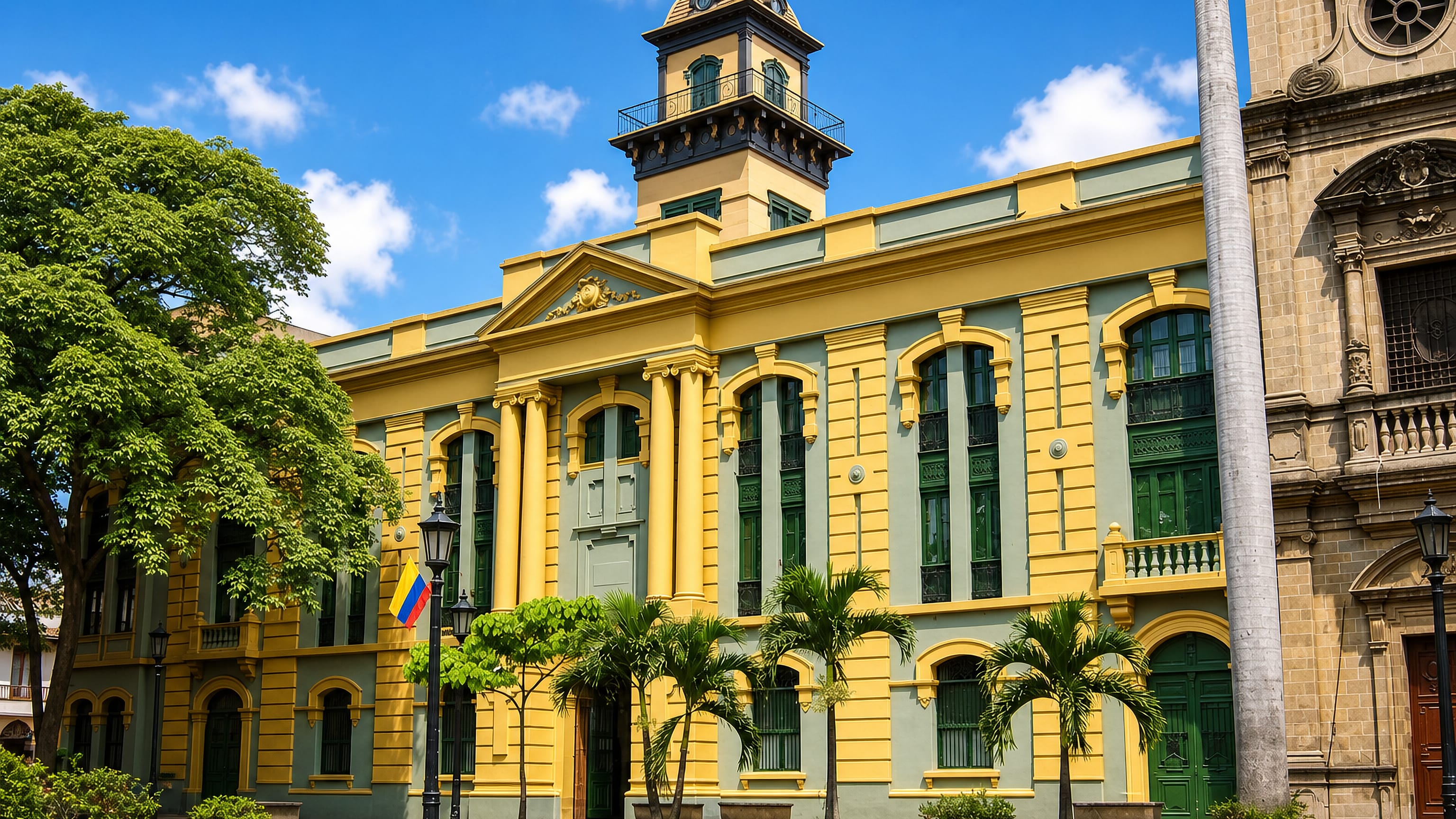 Yellow republican-era civic building with a clock tower and Colombian flag in La Candelaria, central Medellín.
